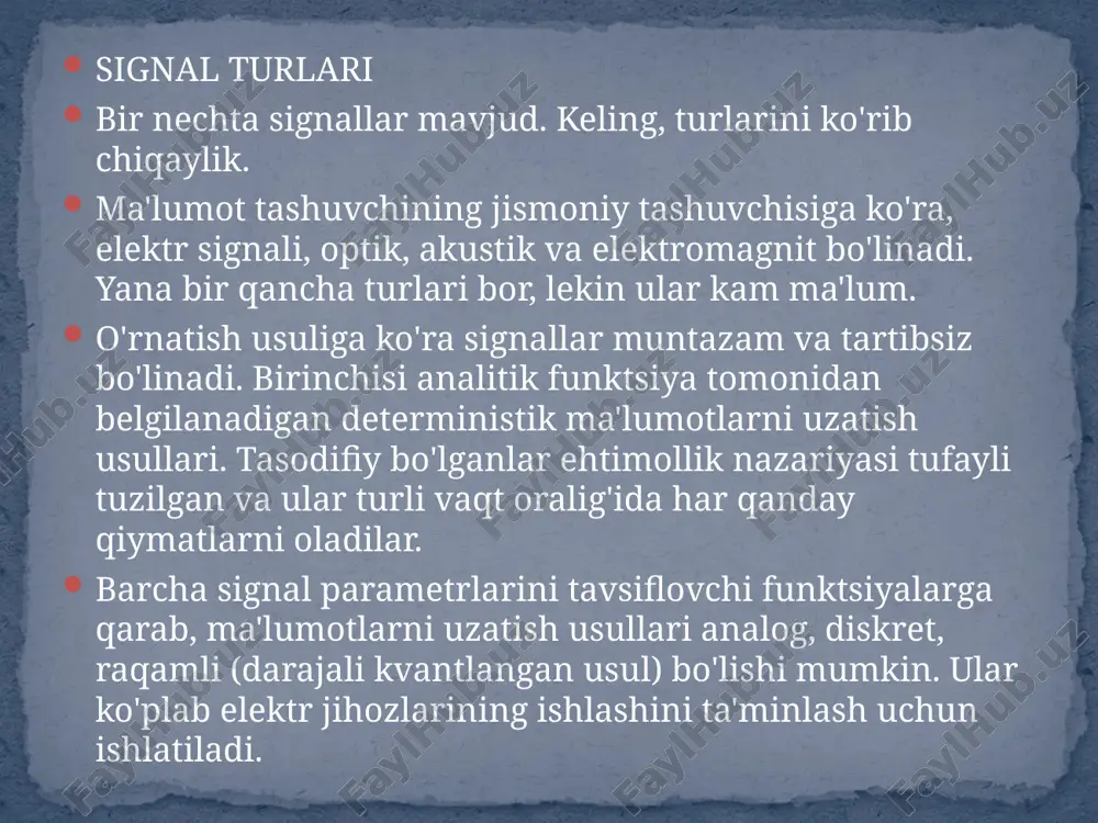 i maxsus bloklarda to'plangan ma'lumotlar uzatiladi. ular alohida va to'liq zarralardir. ushbu kodlash usuli uzoq vaqtdan beri fonga o'tkazildi, ammo butunlay yo'qolmadi. uning yordamida siz kichik ma'lumotlarni osongina uzatishingiz mumkin. analog signallarning parametrlari analog signallar vaqt o'tishi bilan bir tekis va uzluksiz o'zgarib turadi, shuning uchun ularni grafik jihatdan silliq egri chiziq shaklida tasvirlash mumkin (4.1-rasm). tabiatda jarayonlarning aksariyati o'xshashdir. masalan, tovush havo bosimining o'zgarishi bo'lib, u mikrofon yordamida elektr kuchlanishiga aylantirilishi mumkin. ushbu kuchlanishni osiloskopning kirishiga qo'llash orqali siz rasmda ko'rsatilganga o'xshash grafikni ko'rishingiz mumkin. 4.1, ya'ni. vaqt o'tishi bilan havo bosimi qanday o'zgarishini ko'rishingiz mumkin. analog ma'lumotni yaxshiroq tasavvur qilish uchun avtomobildagi an'anaviy spidometrni o'ylab ko'ring. avtotransport tezligi oshishi bilan igna shkala bo'ylab bir raqamdan ikkinchisiga silliq harakat qiladi. yana bir misol - radio qabul qilgichdagi stantsiyani sozlash: tugmani aylantirganingizda, qabul qilingan chastota silliq o'zgaradi. aksariyat analog signallar tsiklik yoki davriy xarakterga ega, masalan, elektromagnit maydonning yuqori chastotali …