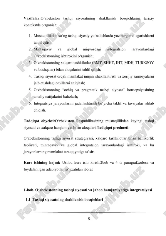 qil tashqi siyosati asoslarining ishlab chiqilishi. hozirda xalqaro hamjamiyat mustaqil o‘zbekiston diplomatiyasining dastlabki qadamlari, markaziy osiyodagi mavqeyi, mintaqa xavfsizligini ta’minlashdagi o‘rni alohida ekanini tan olmoqda.[footnoteref:2] o‘zbekiston tashqi siyosatining ma’naviy yo‘nalishi, insonparvarlik, oshkoralik, qadrqimmat, o‘z imkoniyatlariga tayanish va insoniyatning yagona oilasida o‘z taraqqiyot yo‘liga ega bo‘lishdir. shu bois istiqlol yillarida mamlakatimiz 133 davlat bilan rasmiy diplomatik munosabatlar o‘rnatgan, toshkentda 45 ta xorijiy davlatning yelchixonalari, 9 ta faxriy konsullik, 11 ta xalqaro tashkilotlarning vakolatxonalari faoliyat olib bormoqda. mustaqillikni mustahkamlash, mamlakatimizning xavfsizligi, barqarorligi va taraqqiyoti ko‘p jihatdan xorijiy davlatlar bilan diplomatik aloqalarning yo‘lga qo‘yilishi bilan bog‘liq edi. o‘zbekiston respublikasi tashqi siyosat tizimi o‘zbekiston respublikasining konstitusiyasi, vazirlar mahkamasining 1992-yil may oyidagi “o‘zbekiston respublikasi tashqi ishlar vazirligi faoliyatini tashkil yetish masalalari to‘g‘risida”gi va 1994-yil mart oyida qabul qilingan “o‘zbekiston respublikasi tashqi ishlar vazirligi faoliyatini takomillashtirish to‘g‘risida”gi qarorlari asosida shakllantirildi. 1996-yil “o‘zbekiston respublikasi tashqi siyosiy faoliyatining asosiy prinsiplari to‘g‘risida”gi qonun qabul qilindi. 2012-yil sentabrda o‘zbekiston respublikasining …