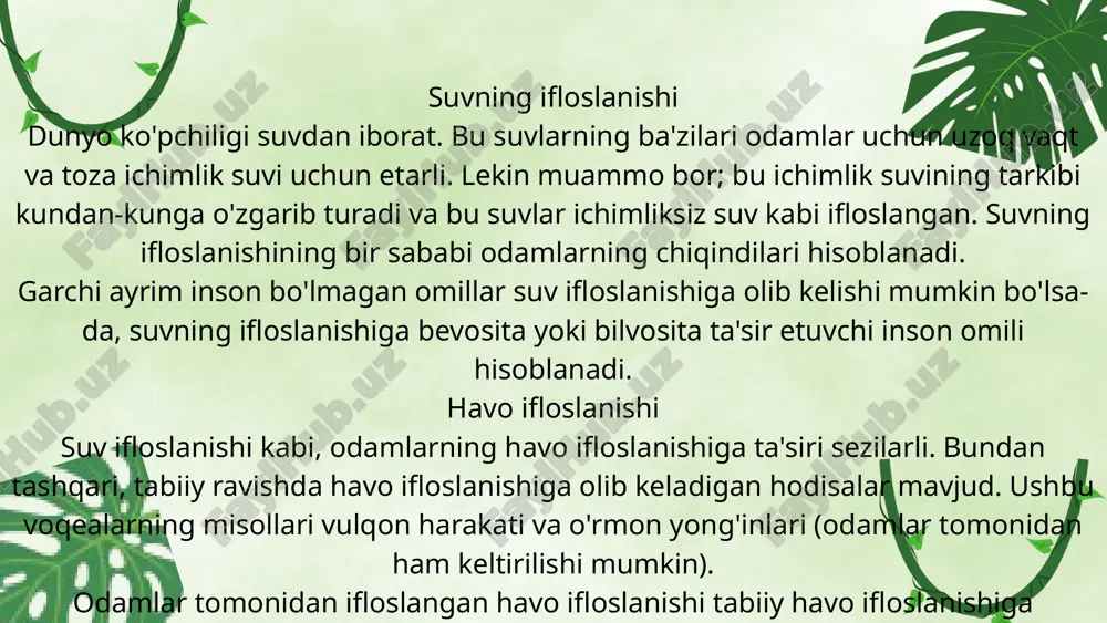 ga oʻz hissalarini qoʻshib kelishmoqda. vaholanki, aqsh dunyoda iqlimni ifloslash boʻyicha saudiya arabistonidan keyingi “faxrli” 2-oʻrinni egallab kelmoqda. masalaga huquqiy jihatdan yondashadigan boʻlsak, ekologik qonun talablari buzilganda amaldagi qonunlarimizga muvofiq ekologik-huquqiy javobgarlikning quyidagi javobgarlik turlarini keltirib oʻtish oʻrinlidir: intizomiy javobgarlik maʼmuriy javobgarlik fuqarolik javobgarlik jinoiy-huquqiy javobgarlik ekologik barqarorlikka erishgan va statistik maʼlumotlarga koʻra dunyoning eng toza mamlakatlar roʻyxatidan 3-oʻrinni egallab kelayotgan norvegiya davlatining aynan yuqorida keltirib oʻtilgan javobgarlik masalasi boʻyicha qonunchilik tajribasini oʻrganadigan boʻlsak, quyidagi normani uchratish mumkin: thank you image9.png image1.jpeg image2.png image3.png image4.png image5.png image6.svg image7.png image8.svg image10.png image11.png image12.svg image13.png image14.svg image15.png image16.svg image17.png image18.svg image19.png image20.svg image21.png image22.svg image23.png image24.svg image25.png image26.svg image27.png image28.svg image29.png image30.png image31.png image32.png image33.png image34.png image35.svg image36.png /docprops/thumbnail.jpeg