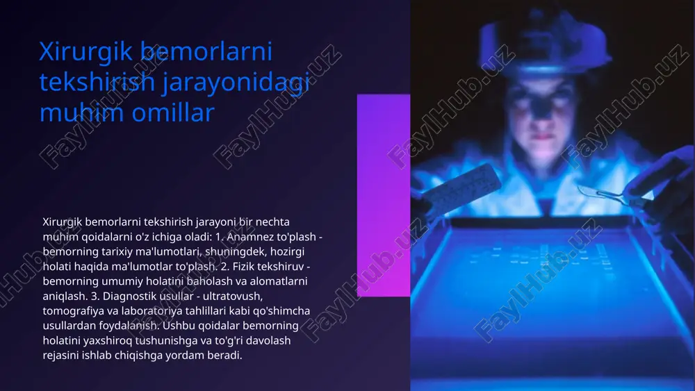 ratovush tekshiruvi va rentgenologik tekshiruvlar mavjud. ushbu usullar bemorning holatini aniqlash va to'g'ri tashxis qo'yish uchun zarur. muammolarni hal qilish tekshirish jarayonida e'tiborga olinishi kerak bo'lgan muhim omillar orasida bemorning tarixi, mavjud kasalliklar va dori-darmonlar bilan bog'liq muammolar mavjud. bularni aniqlash jarayonning muvaffaqiyati uchun muhimdir. kelajakdagi innovatsiyalar yangi texnologiyalar, masalan, sun'iy intellekt va telemeditsina, xirurgik bemorlarni tekshirish jarayonini yanada takomillashtirishi mumkin. ular tashxis qo'yish va muolajalarni rejalashtirish jarayonini tezlashtiradi. q&a image1.png image2.png image3.png image13.jpg image5.png image14.jpg image15.jpg image11.jpeg image12.png