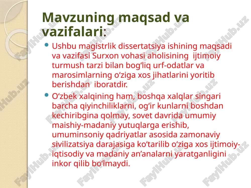 ar ichida mehr-muhabbat rishtalarini qattiqroq bog‘laydi. xalqimizda “bolalik uy bozor - bolasiz uy mozor” gap bor, bolalik uyda shodu-xurramlik, tinchlik-osoyishtalik hukm suradi. bunday oilaning har bir kuni mazmunli, rejali va aniq maqsadli o‘tadi. farzandsiz oila aksariyat hollarda notinch, omonat bo‘ladi. 2.2.qarindosh urug‘chilik munosabatlarining voha aholisi hayotida tutgan o‘rni mamlakatimizning boshqa hududlari singari surxon vohasida ham aksariyat hollarda oilada qiz bola tug‘ilganida chilla o‘tishi bilan boshqa oilalardan qizcha katta bo‘lganida uni o‘z o‘g‘liga olib bermoqchi bo‘lganlar va uni unashtirishgan. surxon vohasining xatak, xo‘janqon, bedak, tangidevon, yoriqsoy qishloqlarida quloqtishlar, beshikkerti degan tushunchalar yo‘q. uning o‘rniga, beshik to‘yida unashtirildi, deb aytishadi. unashtirish uchun to‘qqiz tandir non va bir dona kulcha, to‘qqiz patir va bir dona patir kulcha, to‘qqiz qatlama va bir dona qatlama kulcha, to‘qqiz qatpatir va bir dona qatpatir kulchasi, jami 40 ta non zarur bo‘ladi. shundan to‘rttasi kulchadir. rizqi butun bo‘lsin deb nonning soni qirqta qilinadi. negaki, qadimda bug‘doyning o‘zidan qirq …