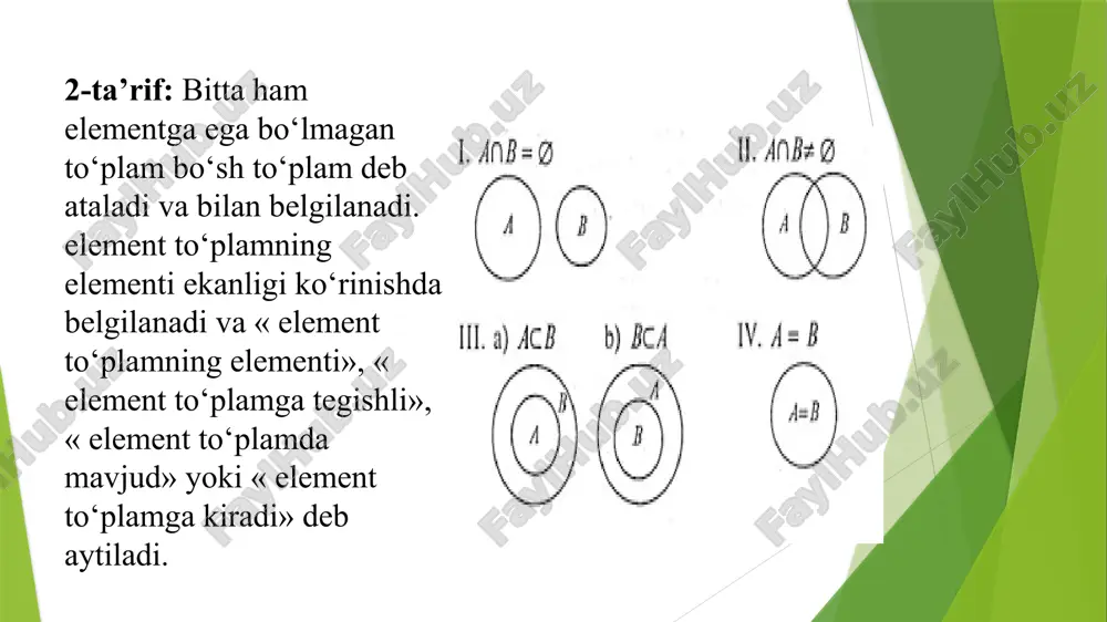lam elementlarini birlashtirishga oid va berilgan to‘plamdan uning qismlarini ajratish kabi amaliy munosabatlar orqali amalga oshiriladi. qo‘shish amali sonlarni ko‘paytirish amallari uchun asos bo‘lib xizmat qiladi. ko‘paytirish uning komponentlari bilan natijalari orasidagi bog‘lanishlarni o‘rganish o‘z navbatida bo‘lish amalini o‘rganish uchun asos bo‘lib xizmat qiladi. arifmetik amallarni o‘rganishdagi masalalardan biri og‘zaki va yozma hisoblash usullarini ongli o‘zlashtirish, hisoblash malaka va ko‘nikmalarini shakllantirish bilan bog‘liqdir. og‘zaki hisoblashlarning asosiy ko‘nikmalari 1- va 2-sinflarda shakllanadi. og‘zaki hisoblash usullari ham, yozma hisoblash usullari ham amallar xossalari va ulardan kelib chiqadigan natijalarni amallar komponentlari bilan natijalari orsidagi bog‘lanishlarni bilganlikka asoslanadi. ammo og‘zaki va yozma hisoblash usullarining farq qiluvchi xossalari ham bor. mavzu:to’plam quvvati.sanoqli va sanoqsiz to’plamlar reja: 1. to`plam quvvati 2. sanoqli to’plamlar . 3. to’plamlarning quvvatlarini solishtirish. to’plam quvvati. elementlarining soni chekli bo’lgan to’plam chekli to’plam deyiladi. matematikada ko’pincha cheksiz to’plamlar bilan ish ko’rishga to’g'ri keladi. ikkita chekli va to’plam berilgan bo’lib, ularni son jihatdan …