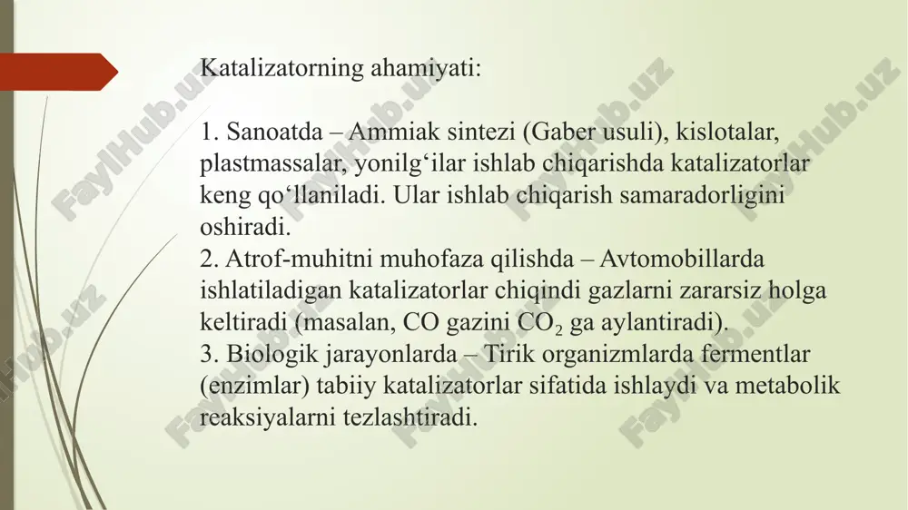 rkazlarning yo‘qolishiga olib keladi. termal degradatsiya (issiqlik ta’siri) doimiy yuqori harorat katalizator moddasining parchalanishiga olib kelishi mumkin. bu holat ayniqsa metall oksidli katalizatorlar uchun xos. mexanik shikastlanish katalizatorning qattiq zarrachalari maydalanib ketishi yoki reaktorda yuvilib ketishi mumkin, bu esa uning faolligini yo‘qotadi. katalizator faoliyatining pasayishi ishlab chiqarishda reaksiya tezligining kamayishiga, mahsulot sifatining pasayishiga va iqtisodiy zarar yetkazilishiga olib keladi. shuning uchun katalizatorlardan foydalanishda ularning tozaligi, ish sharoitlari va doimiy monitoringi juda muhimdir. katalizatorning aktivligi — bu katalizatorning kimyoviy reaksiyani tezlashtirish qobiliyatidir. u katalizatorning samaradorligini, ya’ni biror vaqt ichida qancha miqdorda mahsulot hosil bo‘lishiga ta’sirini bildiradi. katalizator aktivligining asosiy xususiyatlari: 1. reaksiya tezligini oshiradi yuqori aktivlikka ega katalizator reaksiyani sezilarli darajada tezlashtiradi, mahsulot tez va samarali hosil bo‘ladi. 2. faol markazlar soni katalizator sirtidagi faol markazlar (reaktiv joylar) qancha ko‘p bo‘lsa, u shunchalik aktiv bo‘ladi. ayniqsa, geterogen katalizatorlarda bu muhim. 3. katalizatorning sirt maydoni sirt maydoni katta bo‘lsa, ko‘proq reaktantlar bir …