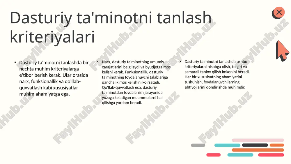 shi mumkin. photo by goran ivos on unsplash xulosa ushbu taqdimotda elektron o'quv dasturiy ta'minotlarni tahlil qilish jarayonida olingan asosiy xulosalar keltirildi: - dasturiy ta'minot turlari: tizim, ilova va xizmat kabi asosiy turlar muhim. - dasturiy ta'minotning afzalliklari: tezlik, samaradorlik va qulaylik ta'lim jarayonida qanday foyda keltirishi muhokama qilindi. - tanlov kriteriyalari: narx, funksionallik va qo'llab-quvvatlashni e'tiborga olish zarur. - tahlil usullari va metodologiyalari ta'lim jarayonidagi ahamiyatini ko'rsatdi. - elektron o'quv dasturlarining tendensiyalari va innovatsion yondashuvlar kelajakda ta'limda qanday o'zgarishlarga olib kelishi mumkinligini ko'rsatdi. - zamonaviy texnologiyalardan foydalanish o'qitish jarayonida muhim ahamiyat kasb etadi. - ta'lim tizimidagi o'zgarishlar va yangi standartlar kelajakda elektron dasturlarning ahamiyatini yanada oshiradi. * e'tiboringiz uchun rahmat! designed by slides carnival image1.png image2.png image3.png image6.jpg image7.jpg image5.png