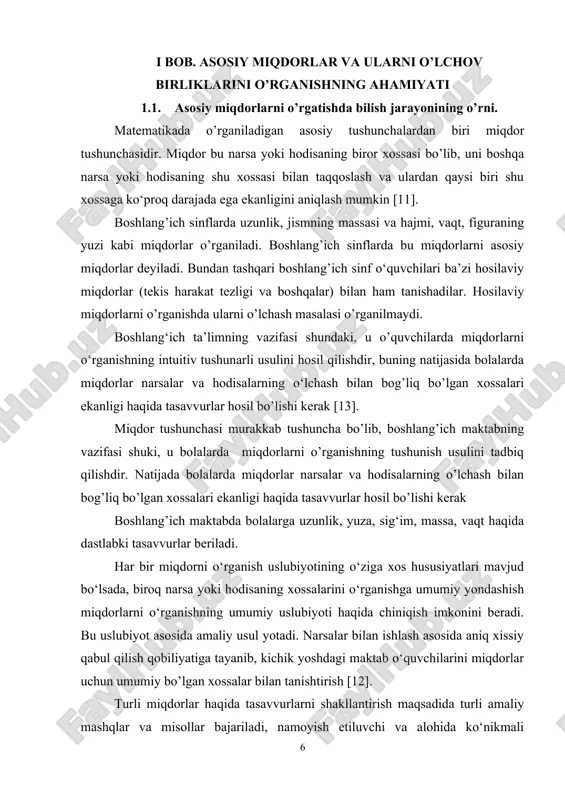 rlar haqida tasavvurlarni shakllantirish maqsadida turli amaliy mashqlar va misollar bajariladi, namoyish etiluvchi va alohida ko‘nikmali vositalardan foydalaniladi. bu ish barcha o‘quvchilar ishtirokida, alohida-alohida har bir o‘quvchi bilan va guruh usulida amalga oshiriladi. o‘quvchilar “miqdor” tushunchasining asosiy belgilarini turli xil amaliy mashg‘ulotlar davomida va turli xil muammoli sharoitlar tufayli o‘zlashtirib oladilar [5]. miqdorlar va ularning o‘lchov birliklari bilan tanishuv nafaqat amaliy ahamiyatga mashq, ayni vaqtda u o‘quvchilarda hayotiy muammolarni ko‘ra bilish imkoniyatini shakllantirish va shu bilan ularning bilishga qiziqish ishtiyoqini rivojlantirishga imkon beradi [9]. miqdorlar, xuddi raqamlar kabi boshlang‘ich sinflarda matematika mashg‘ulotlarining asosiy tushunchasi bo‘lib, bolalarda miqdor haqida predmetlar va voqiylikka aloqador va o‘lchov bilan bog‘liq sifat tasavvur hosil qilish uchun foydalaniladi. 1-2-sinflarda o‘quvchilar uzunlik, massa, (og‘irlik) hajm, vaqt haqida va ularning o‘lchov birliklari haqida tasavvurga ega bo‘ladilar. misollarni yechish jarayonida ular baho, qiymat, miqdor, narx, tezlik, masofa, unumdorlik tushunchalari bilan tanishadilar.[10] mavzuni o‘rganish jarayonida shunga erishish zarurki, o‘quvchilar o‘zaro …