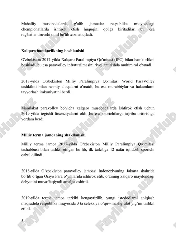 shni ko'rsatadi, xususan, professional murabbiylar va zamonaviy uskunalar bilan ta'minlash orqali. paravolleyning o'zbekistondagi kelajagi 2023-yilga kelib, jamoalarning xalqaro musobaqalarda ishtirokini oshirish, milliy chempionatlar sonini ko'paytirish va sport infratuzilmasini yaxshilashni talab etadi. 2015-2020 yillar oralig'ida paravolley o'yinchilarining soni 30% ga oshdi, bu esa mahalliy sport federatsiyalarining faoliyati va nogironligi bo'lgan shaxslarni sportga jalb qilish bo'yicha sa'y-harakatlari natijasidir. xulosa o'zbekistonda paravolley rivojlanish bosqichlari muayyan yutuqlarga erishdi, ammo kelgusida o'sish va barqarorlikni ta'minlash uchun qo'shimcha sa'y-harakatlar zarur. foydalanilgan adabiyotlar 1. o'zbekistonda nogironligi bo'lgan shaxslarni qo'llab-quvvatlash bo'yicha davlat siyosati. (o'zbekiston respublikasi vazirlar mahkamasining qarorlari va farmoyishlari to'plami) 2. o'zbekistonda paralimpiya harakatining rivojlanishi: tarix va istiqbollar. (sport vazirligi hisoboti) 3. o'zbekiston milliy paralimpiya qo'mitasining faoliyati to'g'risidagi hisobot 2
