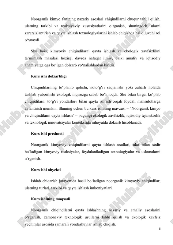 pb, hg, cd, cr, ni, zn, cu va ularning oksid, nitrat, sulfat shakllari. · ular inson organizmiga toksik ta’sir ko‘rsatadi va oson to‘planadi (bioakkumulyatsiya). c) organik kimyoviy aralashmalar (ayrim hollarda noorganik chiqindilarga aralashgan) · xlororganik birikmalar, fenollar, aldehidlar va aminlar. · ko‘pincha bu moddalar katalizatorlar yoki qo‘shimchalar sifatida ishlatilgach chiqindiga aylanadi. d) asoslar va gidroksidlar · naoh, koh, ca(oh)₂ kabi kuchli asoslar. · ular ph darajasini oshirib, suyuq chiqindilarda ishqoriy muhit hosil qiladi. e) oksidlar va gazlar · so₂, nox, co₂ va boshqa gazsimon mahsulotlar asosan energetika va metallurgiya sanoati chiqindilaridir. 3. xavflilik darajasiga ko‘ra tasnifi · xavfsiz chiqindilar – minimal ekologik ta’sirga ega. · shartli xavfli – nazorat ostida saqlanishi kerak. · xavfli chiqindilar – organizmga toksik, korroziy, portlovchi yoki yondiruvchi xossaga ega bo‘lishi mumkin. · o‘ta xavfli chiqindilar – radioaktiv, biologik yoki kuchli zaharli moddalardan tashkil topgan. 4. chiqindilarning tarkibini aniqlash usullari kimyoviy chiqindilarning tarkibini aniqlash uchun quyidagi …