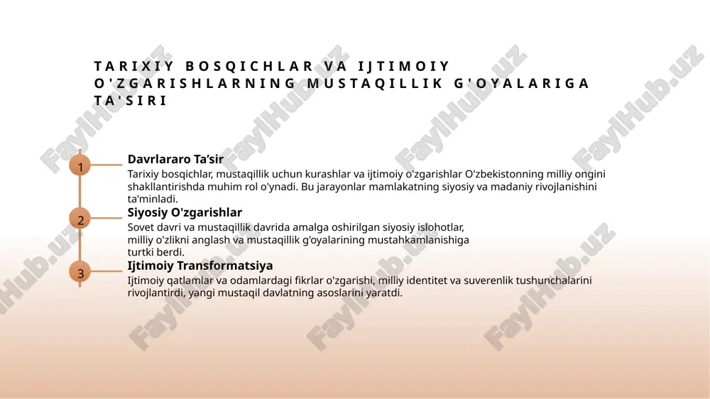 sh va xalqaro hamkorlikni rivojlantirish. qiyinchiliklar va muammolar tarix davomida iqtisodiy, siyosiy va madaniy sohalarda qiyinchiliklar yuzaga keldi, jumladan, tashqi bosimlar va ichki murosalar, bu esa suverenitetni mustahkamlash jarayonini murakkablashtirdi. tarixiy yutuqlar va muammolar o'zbekiston mustaqillik uchun kurashda muhim yutuqlarga erishdi, ammo qator qiyinchiliklar va sinovlar bilan yuzlashdi, bu esa davlat suverenitetining rivojlanishini ta'minladi. milliy qadriyatlar va an'analar orqali suverenlikni yuksaltirish qadriyatlarning asosiyligi milliy qadriyatlar va an'analar, o‘zbekiston xalqining tarixiy va madaniy merosi hisoblanadi. ular suverenlikni mustahkamlashda asosiy poydevor bo‘lib xizmat qiladi. an'analar va madaniyat o'zbekistonda an'analar va madaniyat milliy identitetning shakllanishida muhim rol o'ynaydi. ular orqali milliylik ruhini saqlash va rivojlantirish mumkin. qadriyatlarni o'zida birlashtirish milliy qadriyatlar va an'analarni o‘zaro bog‘lab, ijtimoiy birlik va suverenlikni mustahkamlash mumkin. bu, milliy ong va farovonlik uchun muhimdir. tarixiy jarayonlar va siyosiy o'zgarishlar ning milliy identitetga ta'siri 01 tarixiy bosqichlar o'zbekiston tarixidagi mustaqillik jarayonlari bosqichma-bosqich rivojlantirilib, milliy ong va o'zlik tushunchasi mustahkamlandi, yangi …