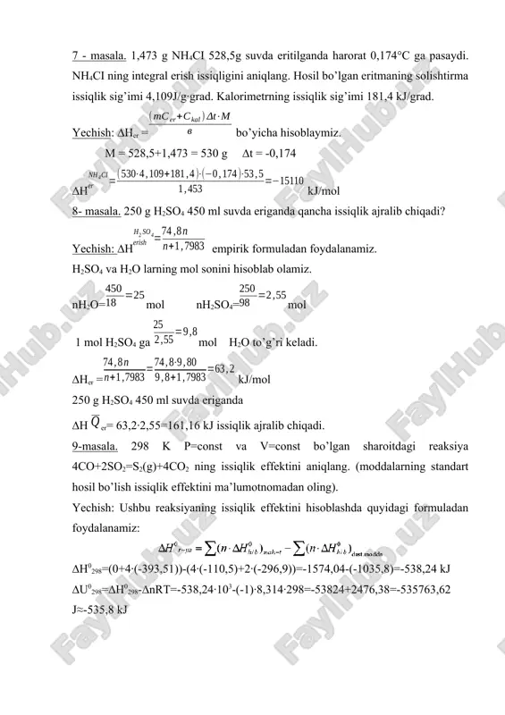 h energiyalaridan foydalangan holda reaksiyalar uchun entalpiya qiymatlarini toping. (h-h)= 436 kj/mol (c-c)= 348 kj/mol (c=c)= 617kj/mol (c=o)= 708 kj/mol (n-cl)= 432 kj/mol (n=n)= 880 kj/mol (n-n)= 163 kj/mol (o=o)= 500 kj/mol (c-h )= 415 kj/mol (c-o)= 361 kj/mol (c=c )= 840 kj/mol (h-o)= 466 kj/mol (c-cl)= 336 kj/mol (n-h)= 390 kj/mol 1)h2+cl2→2hcl ∆h= 2)ch4+o2→co2+h2o ∆h= 3)ch4+cl2→ccl4+hcl ∆h= 4)c2h2+h2→c2h6 ∆h= 5)c3h8+o2→co2+h2o ∆h= 6)n2+h2→nh3 ∆h= 7)ch4→c2h2+h2 ∆h= 8)ch3oh+o2→co2+h2o ∆h= 9)c2h4+cl2→c2h4cl2 ∆h= 2. etil spirti yonish reaktsiyasining issiqlik effektini aniqlang. s2n5on+3o2 = 2so2+3n2o quyidagi berilganlardan foydalaning s+o2 = so2 ∆n = -394,0 kj/mol n2+1/2o2 = n2o(s) ∆n = -285kj/mol 2s+3n2+1/2o2 = s2n5on ∆n = -278,2 kj/mol 3. benzol hosil bo’lish reaktsiyasining issiqlik effektini hisoblang. 6s+3n2 = s6n6 vodorod, uglerod va benzolning yonish issiqliklari 285, 394 va 3282,4 kj/mol 4. kaltsiy karbonatning parchalanish reaktsiyasining issiqlik effektini aniqlang. saso3 = sao+so2 kaltsiy oksid, uglerod (iv)-oksid va kaltsiy karbonatning oddiy moddalardan hosil bo’lish issiqliklari 636,9; …