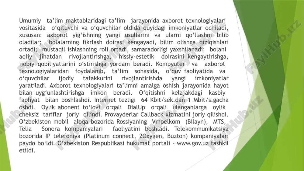 ning tarkibi, tuzilishi va shaklini o’zgartirish maqsadida, balki axborotni qayta ishlash va yangi axborot hosil qilish maqsadida ham boshqariladi. shuninguchun axborot texnologiyasini quyidagicha ta'riflash mumkin. axborot texnologiyasi — bu axboriy ma'lumotni bir ko’rinishdan ikkinchi, sifat jixatidan yangi ko’rinishga keltirish, axborotni yig’ish, qayta ishlash va uzatishning usul va vositalari majmuasidan foydalanish jarayonidir. moddiy ishlab chiqarish texnologiyasining maqsadi insonning talabini qondiradigan yangi mahsulot ishlab chiqarishdan iborat. axborot texnologiyasining maqsadi esa insonning biror-bir ishni bajarishi uchun zarur bo’lgan, uni taxlil etish va u asosida qaror qabul qilishi kerak bo’lgan yangi axborotni ishlab chiqarishdan iborat. turli texnologiyalarni qo’llab, bitta moddiy resurslardan turli mahsulotlar olish mumkin. xuddi shu narsani axborot texnologiyalariga nisbatan ham aytish mumkin. misol: matematikadan nazorat ishini bajarganda har bir o’quvchi boshlang’ich axborotni qayta ishlash uchun o’zining bilimini qo’llaydi. masalaning yechimi bo’lgan yangi axborot mahsuloti, o’quvchi tanlay olgan masalani yechish texnologiyasi, usuliga bog’liq. moddiy ishlab chiqarishda turli maxsus jixozlar, stanoklar, uskunalar va boshqalar …
