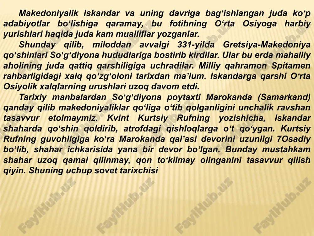 i asrgacha bo‘lgan davr sifatidako‘rsatiladi. ushbu davming boshlarida o‘rta osiyodagi eng qadimgi davlatlar -xorazm va baqtriya vujudga kelgan. avesto”dama’lumot berilgan. mazkur ma’lumotlar arxeologik tadqiqotlar natijasidatasdiqiandi. arxeologlar afrosiyob (samarqand), yerqo‘rg‘on va uzunqir(qashqadaryo), ko‘zaliqir (xorazm) va qiziltepa (surxondaryo) kabi qadimiyshaharlami topib o‘rgandilar. mil. avv. i-ming yillikning ikkinchi yarmida o‘rta osiyo hududidaxorazm, qang‘ va dovon kabi davlatlar vujudga keladi. sirdaryoning o‘rtaoqimlarida yashovchi sak qabilalari makedoniyalik aleksandr qo‘shiniari vasalavkiylar tajovuziga qarshi uzluksiz kurash olib bordilar. ana shu kurashlarborayotgan bir paytda mil.avv. iii asr boshlarida yarim o‘troq qang‘ davlativujudga keladi. ushbu davlat sirdaryoning o‘rta oqimida yashovchi tub yerliaholini, bir qancha yarim ko‘chmanchi qabilalami va o‘lkalami birlashtiradi. mazkur davlat mil.avv. ii—i asrlarda markaziy osiyoda yirik va kuchli davlatgaaylanadi. bu davrga kelib qang‘ siyosiy birlashmasi sug'diyona va xorazmgao‘z hukmronligini o‘tkazadi. ushbu davlatning asosiy markazi sirdaryoning o‘rta oqimida yashovchixalqlar haqida ma’lumot beruvchi eng qadimgi manba “avesto” hisoblanadi.uning ilk qismlari (yasht va gotlar)da “tur” yoki “danay turlari” deb ataluvchietnonimlar …