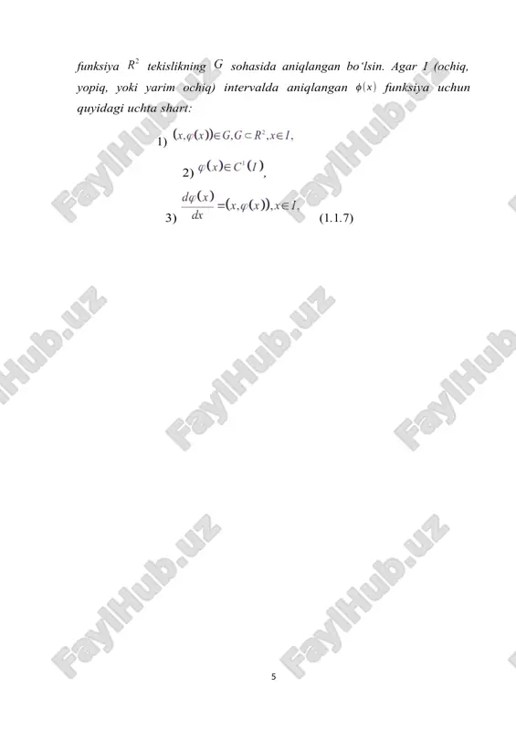 o‘rinishdagi differensial tenglamadan iborat. formulaga ko‘ra, yoki bundan . ixtiyoriy nuqtadan o‘tuvchi integral chiziq uchun deb yozish mumkin. 1.3-ta’rif. (1.2.6) ko‘rinishida yoziladigan tenglama bir jinsli differensial tenglama deyiladi. bu tenglamada funksiya faqat nisbatning funksiyasi bo‘lib, u nolinchi tartibli bir jinsli funksiyadir. funksiya intervalda aniqlangan deylik. intervallar shunga o‘xshash bo‘ladi). bo‘lganda, funksiya tengsizliklar bilan aniqlangan sohada, bo‘lganda esa tengsizliklar bilan aniqlangan sohada berilgan bo‘ladi. ikki holda ham bu sohani deymiz. 1.3-teorema. funksiya ` intervalda uzluksiz bo‘lib,shu intervalning barcha nuqtalarida bo‘lsa, har bir nuqtadan (1.6) differensial tenglamaning faqat bitta integral chizig‘i o‘tadi. isbot. desak, (1.2.6) tenglama ko‘rinishda yoziladi. undan ushbu o‘zagaruvchilari ajraladigan differensial tenglamaga kelamiz. quyidagi belgilashlarni kiritamiz: , va , . demak, sohaning ixtiyoriy berilgan nuqtasidan bitta integral egri chiziq o‘tadi. umumiy yechim esa formulaga ko‘ra topiladi. noaniq integral ko’rinishidagi ushbu munosabatdan umumiy yechim formulasi yoki kelib chiqadi. bu yerda funksiya funksiyaning biror boshlang‘ichi. agar bo‘lsa, va bo‘ladi. 1.4-ta’rif. ushbu (1.2.7) …