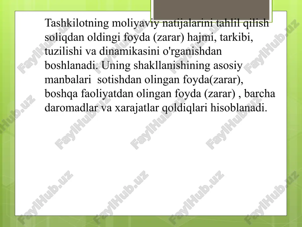 iy vositalar rentabelligi = sof foyda / asosiy vositalarning o‘rtacha yillik qiymati; xodimlar rentabelligi (rol) = sof foyda / xodimlarga xarajatlar (mehnat haqi fondi va xodimlarga boshqa xarajatlar); aktivlarning bazaviy foydalilik koeffitsiyenti (basic earning power) - soliq to‘loviga qadar foyda / aktivlarning o‘rtacha yillik qiymati investitsiyalangan kapital rentabelligi (roic) - operatsion foyda / o‘z mablag‘lari manbasi va uzoq muddatli qarz kapitali (roic = ebit x (100% - foyda solig‘i stavkasi) / investitsiyalangan kapital. ayrim hollarda qarz kapitali to‘liq olinadi. roic = (ebit x (100% - foyda solig‘i stavkasi) - qarz kapitali bo‘yicha foizlar summasi) / (xususiy kapital + qarz kapitali); jalb qilingan kapital rentabelligi = sof foyda / (o‘z mablag‘lari manbasi + uzoq muddatli qarz mablag‘lari) (roce); jami aktivlar rentabelligi (rota) = soliq to‘loviga qadar foyda / jami aktivlar; biznes aktivlari rentabelligi (roba) = sof foyda / biznes aktivlari; sof aktivlar rentabelligi (rona) = soliq to‘loviga qadar foyda / sof …