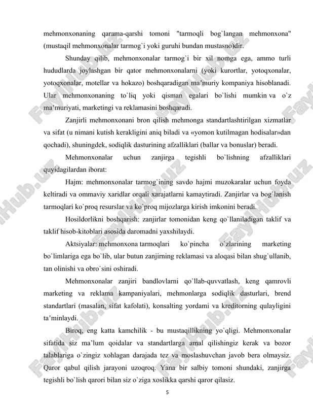 o`yicha aqsh yetakchilik qilmoqda. aqshdagi mehmonxonalarning qariyb 70% mehmonxona zanjirlariga tegishli. mehmonxonalar tarmog`i bozorda keng ko`lamli takliflarni taqdim etadi. aytishimiz mumkinki, mehmonxona tarmog`i bozori yakuniy shakllanish bosqichida. va agar hashamatli mehmonxonaning o`rni radisson va boshqalar kabi yirik o`yinchilar o`rtasida ko`proq yoki kamroq bo`lingan bo`lsa, 3 yulduzli darajadagi mehmonxonalar tarmog`i hali ham jadal rivojlanmoqda. b&b mehmonxonalariga (yotoq va nonushta) doimiy ravishda ortib borayotgan talab o`nlab b&b mehmonxona zanjirlarining paydo bo`lishiga olib keldi. jahon sayyohlik sanoatidagi so`nggi yangiliklardan biri - agroturizm ham o`zining qishloq mehmonxonalar tarmog`iga ega bo`ldi. bunday mehmonxonalar tarmog`i keng rivojlangan mamlakatlar orasida italiya, buyuk britaniya, frantsiya, ispaniya va portugaliyani ajratib ko`rsatish mumkin. shu bilan birga, turli mamlakatlardagi mehmonxonalar tarmog`i hajmi bo`yicha ham, ishlash tamoyillari bo`yicha ham farq qilishi mumkin. misol uchun, italiyada mehmonxona biznesi asrlar davomida oilaviy biznes bo`lib kelgan, shuning uchun italiya mehmonxona tarmoqlari odatda kichikroq va g`arbiy evropaning boshqa mamlakatlariga qaraganda kamdan-kam uchraydi. rossiyada bir nechta yirik …