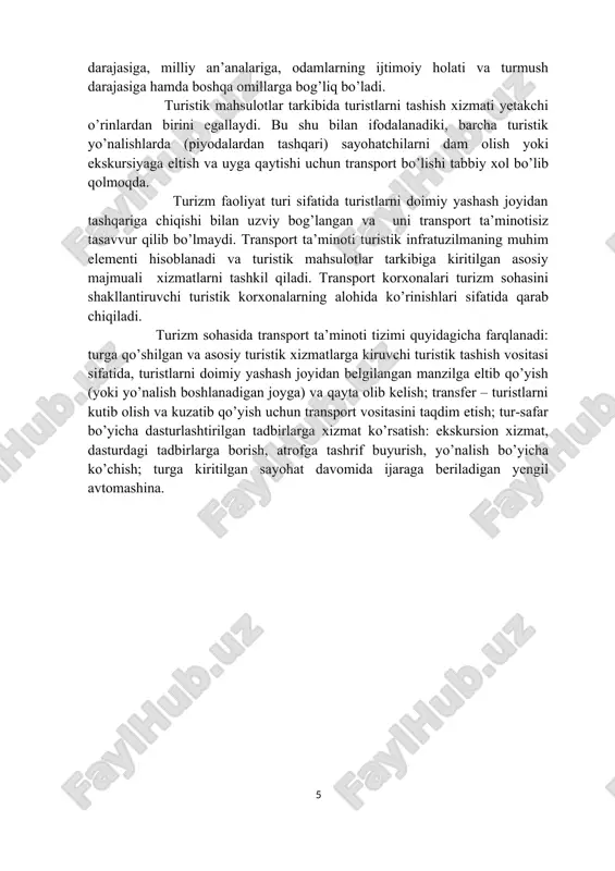 rt xizmati hissasining 40%dan ortiqqismini tashkilqilar edi. transport sayohatlari turizmning mustaqil ko‘rinishi sifatida qaraladi. transport sayohati turli xil transport vositalaridan foydalanib, ishlab chiqilgan yo‘nalishlar bo‘yicha turistlar guruhlarining sayohatidir. transport sayohatlari harakatlanish yo‘nalish(marshrut)i, foydalanilayotgan transport turi, yo‘nalish trassasining qurilishi, sayohatning muddati, mavsumiylik va boshqalar bo‘yicha tasniflanadi. mobil transporti turi sifatida avtobus va yengil avtomobildan mustaqil yo‘nalishlardagi kabi turistlarni aeroport (vokzal)dan mehmonxonaga yoki aksincha, olib borib quyishda keng foydalaniladi. harqanday turist o‘z sayohatini rejalashtirayotganda manzilga yetib olish (yetkazish) tezligi, sayohatqulayligi (komforti), qiymati, yuklarini olib borish (ularning og‘irligini hisobga olgan holda) imkoniyati; to‘xtash joylari, ovqatlanish sharoitlari, shovqin darajasi, vibratsiya, dam olish va (tunash) uxlash jarayonlari, ekologik va albatta xavfsizlik kabi omillarni hisobga oladi. ijobiy omillar qancha ko‘p bo‘lsa, shunchalik transport sayohatining qiymati oshadi. havo transportida sayohat ham charter, ham reysli samolyotlar vositasida amalga oshiriladi. hozirgi vaqtda havo transportidan foydalanishda 1000 dan ortiq aviakompaniyalar faoliyat olib bormoqda. o‘zbekistonlik sayyohlar tu-134, il62, «boing», an-24, an-16 …