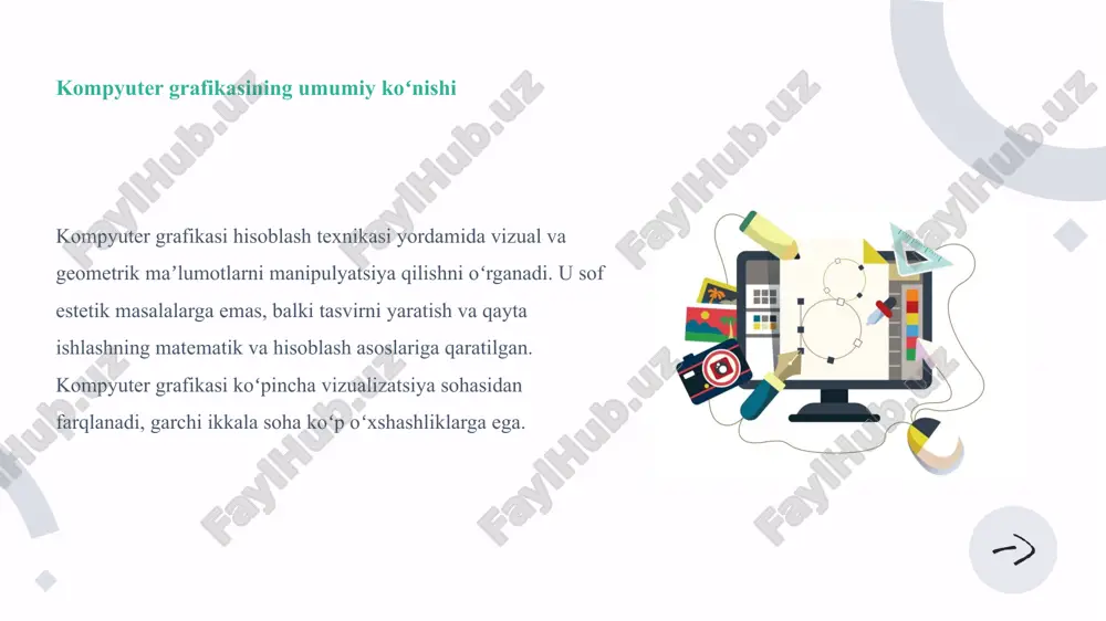 an? a) vektorlar va formulalar asosida b) matn bloklari orqali c) piksellar (nuqtalar) to‘plamidan iborat d) kod bloklari orqali /manbalar va adabiyot/ https://uz.wikipedia.org/wiki/kompyuter_grafikasi https://arxiv.uz/uz/documents/referatlar/informatika-va-at/kompyuter-grafikasi-va-uning-turlari https://www.info-dars.uz/storage/uploads/170291420411-dars.pdf https://explained.uz/sahifa/qanday-sohalarda-kompyuter-grafikasidan-foydalaniladi end thank you! image1.png image2.png image3.png image4.jpg image5.png image6.jpg image7.jpg image8.jpg image9.jpg image10.png image11.png image12.png image13.jpg image14.png image15.jpg image16.jpg image17.png image18.jpg image19.png image20.jpeg image21.png image22.jpg image23.jpg image24.jpg multitasking businesswoman at work /docprops/thumbnail.jpeg