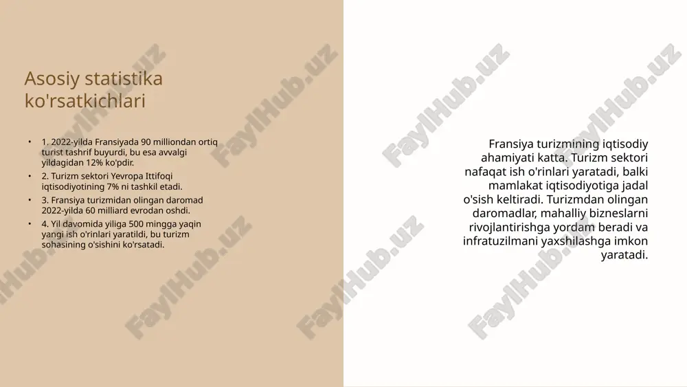i saqlab qolish va targ'ib qilish mumkin. turizm va iqtisodiy rivojlanish turizm, iqtisodiy rivojlanishning asosiy omillaridan biri bo'lib, investitsiyalar, infratuzilma va xizmat ko'rsatish sektori orqali mamlakatlarning iqtisodiy o'sishiga yordam beradi. asosiy foydalanuvchilar fransiya turizmida asosiy foydalanuvchilar – bu mahalliy va xorijiy sayyohlar. mahalliy sayyohlar, odatda, mamlakat ichida sayohat qiladigan fuqarolar bo‘lib, o‘z vatanlarida turli joylarni kashf etishadi. xorijiy sayyohlar esa, boshqa davlatlardan kelib, fransiyaning madaniyati, tarixi va tabiiy go‘zalliklarini o‘rganish uchun sayohat qiladilar. bu ikki guruh sayyohlar fransiya turizmiga katta hissa qo‘shadi va iqtisodiy rivojlanishga yordam beradi. turistik agentliklar fransiya turizmida muhim rol o‘ynaydi. ular sayyohlar uchun tur paketlarini taklif etish, mehmonxonalar va transportni bron qilish, shuningdek, sayohatni rejalashtirishda yordam beradi. turistik agentliklar orqali sayyohlar o‘zlarining ehtiyojlariga mos xizmatlarni topishlari mumkin, bu esa sayohat jarayonini osonlashtiradi va yanada yoqimli qiladi. fransiya turizmining kelajakdagi yo'nalishlari rivojlantirish strategiyalari fransiya turizmini rivojlantirishda barqarorlik, madaniy meros va raqamli texnologiyalar muhim rol o'ynaydi. barqaror turizm, …