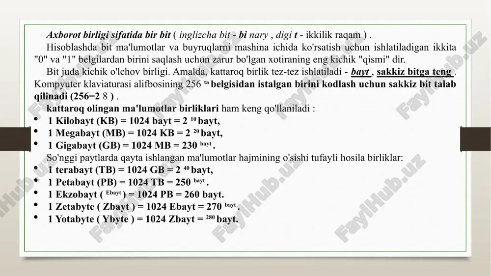 texnologiyalarining ikkinchi avlodi - 1955-65 yillarda ishlab chiqarilgan mashinalar. 1958 yilda 1948 yilda uilyam shokli tomonidan ixtiro qilingan yarimo'tkazgichli tranzistorlar kompyuterlarda ishlatilgan, ular ishonchli, bardoshli, kichikroq, ancha murakkab hisob-kitoblarni amalga oshirishi mumkin edi va katta ramga ega edi. 1 tranzistor ~ 40 vakuum trubkasini almashtirishga muvaffaq bo'ldi va yuqori tezlikda ishlaydi. tezlik - soniyada yuz minglab operatsiyalargacha. yuqori darajadagi tillar paydo bo'ldi. operatsion tizimlar keldi iii avlod uchinchi avlod mashinalari taxminan 60-yillardan keyin yaratilgan. element bazasi - integral mikrosxemalar (mikrosxemalar) oila ichidagi mashinalarning tezligi soniyada bir necha o'n minglab operatsiyalardan millionlab operatsiyalargacha o'zgarib turadi. yagona arxitekturaga ega mashinalar oilasi paydo bo'ldi, ya'ni. dasturiy ta'minotga mos keladi es kompyuteri sm kompyuteri iv avlod to'rtinchi avlod - 1970 yildan keyin ishlab chiqilgan kompyuter texnikasi avlodi. birinchi marta katta integral mikrosxemalar (lsi) qo'llanila boshlandi, ular quvvati taxminan 1000 icga to'g'ri keladi. bunday mashinalarning tezligi sekundiga bir necha o'n millionlab operatsiyalarga etadi. ko'p protsessorli …