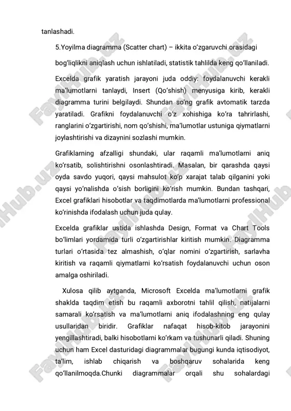 qo‘l keladi. doiraviy diagrammalar esa umumiy natijadagi har bir qismining ulushini foizlarda ifodalash uchun juda qulay. ayniqsa, gistorgramma diagrammalari amaliyotda keng qo‘llaniladi. chunki u ma’lumotlarni gorizontal shaklda joylashtirib, ko‘p sonli kategoriyalarni bir-biri bilan taqqoslash imkonini beradi. bu turdagi diagramma korxonalar, o‘quv muassasalari yoki tahliliy markazlarda hisobot va tahlil jarayonlarini osonlashtiradi. umuman olganda, microsoft excelda ma’lumotlarni grafik shaklda taqdim etish — bu ma’lumotlarni chuqur tahlil qilish, ularni oson anglash va natijalarni samarali ifodalash uchun eng muhim vositalardan biridir. har bir foydalanuvchi excel grafiklari orqali o‘z ishini yanada samarali tashkil etishi, qarorlar qabul qilishda aniq vizual dalillarga tayanishi mumkin. shu bois, excel dasturining grafik imkoniyatlarini o‘zlashtirish bugungi raqamli davrda har bir mutaxassis uchun zarur bo‘lgan amaliy ko‘nikma hisoblanadi. adabiyotlar 1. microsoft corporation. microsoft excel: user guide and reference manual. – microsoft press, 2021. 2. o‘rinboev a., karimov d. axborot texnologiyalari va dasturlash asoslari. – toshkent: “fan va texnologiya”, 2020. 3. rafiqov s., …