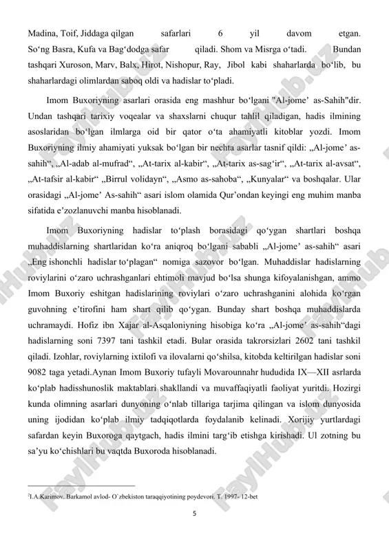 a va dorilfununlarida paygʻambar (as) sunnatlari boʻyicha asosiy darslik, qoʻllanma hisoblanadi. jamoat arboblari, olimu ulamolar va din peshvolari buxoriy asarlariga tayanib ish tutadilar. istiqlol sharofati bilan buxoriyning oʻlmas merosi el-yurti bagʻriga qaytdi. oʻzbekiston respublikasi vazirlar mahkamasining „imom al-buxoriy tavalludining hijriy-qamariy taqvim boʻyicha 1225-yilligini nishonlash toʻgʻrisida“gi qarori (1997-yil 29-aprel) asosida buxoriyning ilmiy merosini oʻrganish va targʻib qilish, xotirasini abadiylashtirish borasida katta ishlar qilindi. 1998-yil 23-oktabrda samarqandda yubiley toʻy-tantanalari boʻlib oʻtdi. alloma abadiy qoʻnim topgan chelak tumanidagi hartang qishlogʻida ulkan yodgorlik majmui ochildi (qarang buxoriy yodgorlik majmui). buxoriyning boy maʼnaviy merosini chuqur oʻrganish va keng targʻib qilish maqsadida oʻzbekiston respublikasi prezidenti islom karimovning tashabbusi bilan imom al-buxoriy xalqaro jamgʻarmasi tuzildi (1998-yil 4-noyabr; raisi zohidillo munavvarov). jamgʻarmaning asosiy vazifasi qur’oni karim va buxoriyning „al-jome as-sahih“i tarjimalarining akademik nashrlarini tayyorlash, buyuk islomshunoslar ilmiy merosini tadqiq etish, diniy-falsafiy mavzularda ilmiy anjumanlar oʻtkazish va shular yordamida yosh avlodni milliy anʼanalarimizga sadoqat ruhida tarbiyalashdan iborat. 2000-yildan boshlab …