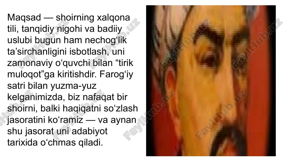 ni shior emas, zarurat sifatida his ettiradi. turdi farog‘iy ijodi avval og‘zaki muomala va qo‘lyozma an’anasi orqali yashab keldi; shu bois dastlabki ma’lumotlar ham tarqoq, she’rlar to‘plami esa ixcham bo‘lgan. xx asrda matnshunoslik va adabiyotshunoslik rivoji bilan uning she’rlari izlab topildi, qiyosiy nusxalar ko‘rildi, ayrim asarlar nashrga tayyorlandi va ilmiy muomalaga kiritildi. keyingi bosqichda — mustaqillik davrida — shoir merosiga yangicha qarash shakllandi: tarixiy kontekst, til-uslub xususiyatlari, satiraning ijtimoiy funksiyasi, xalqona leksika va obrazlar tizimi bo‘yicha tadqiqotlar chuqurlashdi. bugungi izlanishlar ko‘proq matnlarning tanqidiy nashri, poetik tahlil, janr va aruz tizimining xususiyatlari, shuningdek, farog‘iy satirasining keyingi avlod shoirlariga (umuman, o‘zbek tanqidiy lirikasiga) ta’sir doirasini aniqlashga qaratilgan. manba kamligi — bu yo‘ldagi asosiy muammo: qo‘lyozmalarni qidirish, mavjud matnlarni tekshirish, izohli nashrlar tayyorlash, raqamlashtirish va keng ilmiy muhokamaga olib chiqish — yaqin istiqboldagi eng dolzarb vazifalar hisoblanadi. shu tariqa, farog‘iy merosining o‘rganilishi “topish—tasdiqlash—tahlil qilish—tarqatish” bosqichlari orqali tobora puxtalanib bormoqda; natijada uning ijodidagi fuqarolik …
