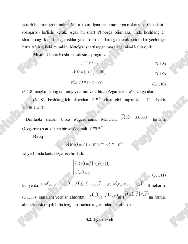 idagilarga ega bo'lamiz: xulosa qilib shuni ta'kidlaymizki, eyler usuli va xyuen usulini oddiy differinsial tenlama tizimi holatiga oson umumlashtirish mumkin [3]. masalan, n birinchi tartibli oddiy differinsial tenlama tizimi uchun eyler usuli: (3.2.7) qayerda yoki belgi bilan qayta yozish mumkin quyida bayon qilinganidek uchun eyler usulini qayta yozamiz xuddi shunday, birinchi tartibli oddiy differinsial tenlamalar tizimi uchun koshi muammosini hal qilish uchun xyuin usulini yozish mumkin. keling, oddiy differinsial tenlama tizimlarini echishda eyler usulining qo'llanilishini misol yordamida ko'rsatamiz. 3.3. differensial tenlamalarni yechishning runge-kutta metodi faraz qilaylik, bizga quyidagi koshi masalasi berilgan bo‘lsin (3.2.1) (3.2.2) bu masalani oraliqda yechish talab etilgan bo‘lsin. berilgan kesmani n ta teng bo‘lakka bo'lamiz: (3.2.1), (3.2.3) koshi masalasini yechish (3.2.3) integral tenglamani yechish bilan teng kuchlidir. biroq (3.2.3)da integral ostida noma’lum funksiya qatnashishi masalani murakkabiashtiradi. ketma-ket ikkita nuqtadagi yechimning orasida quyidagi munosabat o'rinlidir: (3.2.4) ni topish uchun va ni oraliqda bilish kerak. ning taqribiy qiymatlari faqat …