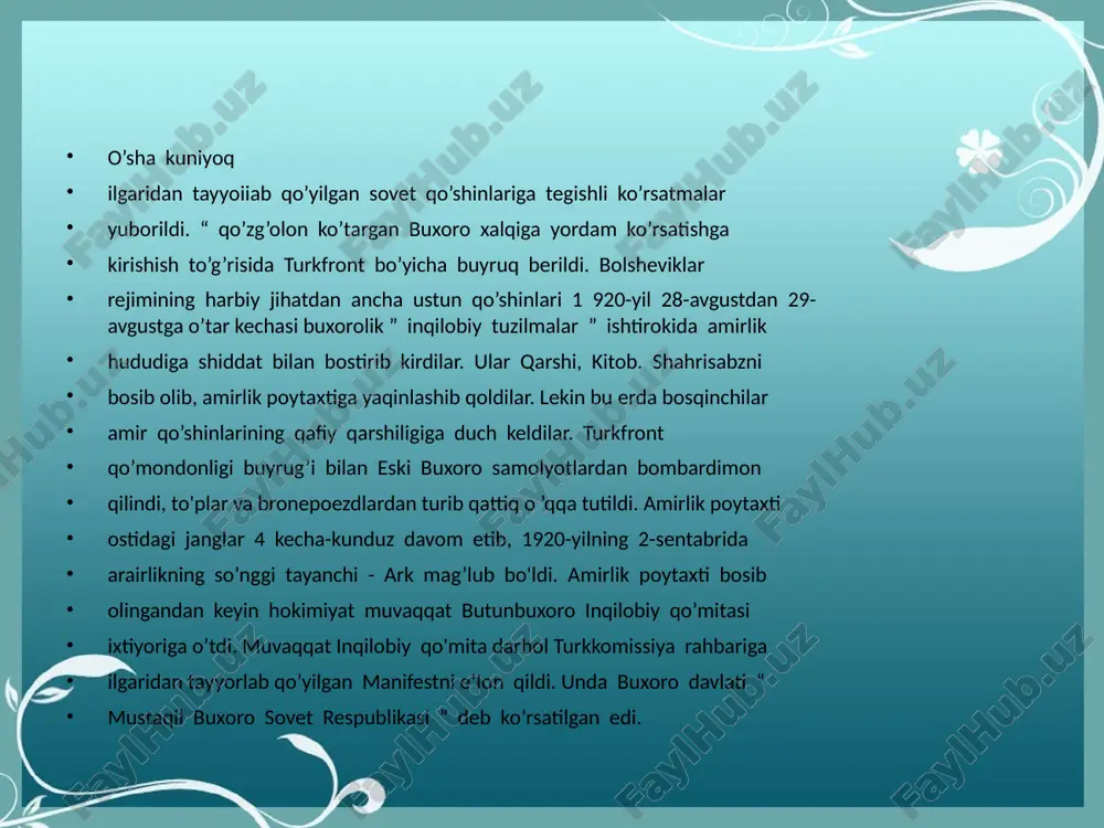 il topgan). toshkent viloyati. farg‘ona viloyati. buxoro viloyati. xorazm viloyati. bu viloyatlar o‘z navbatida tumanlarga bo‘lingan bo‘lib, tumanlar ma'muriy va iqtisodiy boshqaruvning asosiy bo‘g‘ini hisoblangan. 4. xorazm va buxoro respublikasining maqomi 1924-yilda xorazm va buxoro mustaqil xalq sovet respublikalari sifatida sovet ittifoqi tarkibiga kirgan edi, ammo 1925-yilda bu hududlar ham o‘zbekiston ssr tarkibiga kiritildi va ular ma'muriy viloyatlarga aylantirildi. bu jarayon orqali respublikaning hududi kengaytirildi. 5. chegaralar va o‘zgarishlar o‘zbekistonning chegaralari sovet ittifoqi tomonidan belgilangan va ular mintaqadagi siyosiy, etnik va iqtisodiy omillarni hisobga olgan holda tuzilgan. 1924-yilda amalga oshirilgan milliy-territorial chegara o‘zgarishlari natijasida, hozirgi o‘zbekiston hududlari shakllangan. lekin, ba'zi hududiy nizolar va mintaqaviy o‘zgarishlar keyingi yillarda ham davom etgan, jumladan, tojikistonning ajralishi va chegaralarning aniqlanishi jarayonlari. image1.jpeg image2.png image3.png image4.png image5.png image6.jpeg /docprops/thumbnail.jpeg