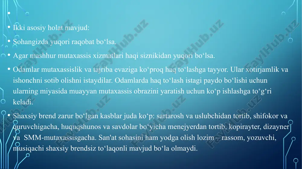 kuchki tomonlarinin bilib olgan muhim. siz bozorda o’ziningiz yagona ekanligingizni xarodirga yetkaza bera olish alohida ahamiyat kasb etadi. agar siz tashkil etgan kompaniyaga xushmuomalalik xos bo’lsa xizmat ko’rsativchilarning barchasi xaridor va murojaat etuvchilar bilan bir maromda suhbat olib borishlari kerak. siz o’rnatgan strategiya brend bilan mos kelishi kerak. aks holda bu omadsizlikka olib keladi. etiboringuiz uchun raxmat! image3.jpeg image4.jpeg image2.png /docprops/thumbnail.jpeg