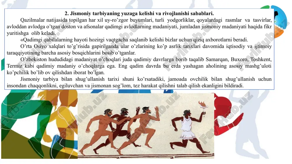 ko’yilgan jismoniy tarbiya jarayoniga qator talablar ko’yadiki, bu talablarni amalga oshirish natijasida jismoniy tarbiya tizimining ob’ektiv xususiyatlari namoyon bo’ladi. mamlakatimiz xalqlarining har tomnlama jismoniy tayyorgarligi, jismoniy sifatlarini yaxshi rivojlanganigi vatan mudofaasiga tayyorligining ko’rsatkichi bo’lib hizmat qilish lozim. jismoniy tarbiya nazariyasining umumiy printsiplari jismoniy tarbiya nazariyasi va amaliyoti umumiy printsiplari va jismoniy tarbiya nazariyasi usuliyatining printsiplari deb ataladigan printsiplarga tayanadi: bo’lardan tashqari, jismoniy tarbiyaning ayrim ko’rinishlari va xususiyatlarini ifodalovchi (masalan, sport, trenirovkasi, kosmonavtlar, o’t o’chiruvchilar trenirovkasi va hokazo) printsiplari ham mavjud. ular bir-biri bilan uzviy bogliq bo’lib, printsiplarning yagona tizimini tashkil etadi. eng avvalo, biz jismoniy tarbiya nazariyasining umumiy printsiplari bilan tanishib chiqaylik. ular: a) jismoniy tarbiyaning mehnat va harbiy amaliyot bilan bogliqligi; b) shaxsni har tomonlama rivojlantirish; v) jismoniy tarbiyaning soglomlashtirishga yo’naltirish printsipi deb guruhlanadi. jismoniy tarbiya jarayonida nazariy printsiplar, bir tomondan, nizom vazifasini o’tasa, ikkinchi tomondan, jismoniy tarbiya jarayonida o’qituvchini nazariy va metodik jihatdan ma’lum ramka (qolip)ga, yo’nalishga soladi. …