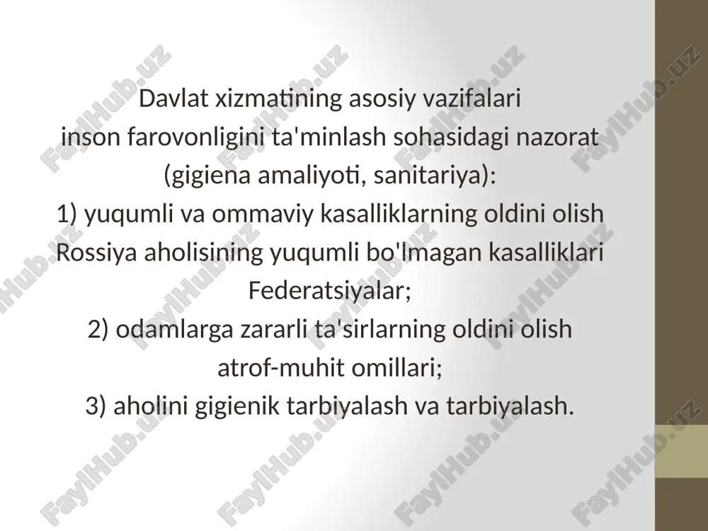 turar-joy va jamoat binolarida radiatsiya omili xavfsizligini ta'minlash (monitoring); radiatsiya holati); • aholi salomatligi holatini radiatsiya omili bilan bog‘liq holda o‘rganish. harbiy (dengiz) gigienasi: • o‘ziga xos xususiyatlarni hisobga olgan holda harbiy xizmatchilarning gigiena tadbirlarini ilmiy asoslash harbiy mehnat. transport gigienasi shaxsiy gigiena (valeologiya) va sport gigienasi atrof-muhit gigienasi (tibbiy ekologiya) umumiy gigiena: • o‘quv intizomi (gigiena propedevtikasi); • sanitar shifokorlar ixtisosligining nomi (umumiy gigiena, epidemiologiya fanlari doktori). image2.png image3.png image4.png image5.jpeg image6.png image7.png