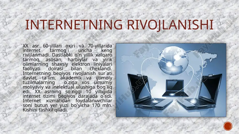 teriallarni alohida guruhlanishi bilan sistemali kutubxona katalogidan farq qiladi; uning afzalligi boʻlimlarni alfavit tartibida joylashtirilishi tufayli dolzarb muammolarni tezda yoritish va ulardan foydalanishga imkon tugʻdiradi hamda maʼlumotnomali axborot berish vazifasini bajaradi. elektron pochta (e-mail) — bu internet orqali xabar yuborish va qabul qilish tizimi bo'lib, u raqamli platformalar orqali matn, rasm, video, fayl va boshqa turdagi ma'lumotlarni tez va oson uzatishga imkon beradi. elektron pochta tizimi, xususan, professional va shaxsiy aloqalar uchun muhim vosita hisoblanadi. u odamlar o'rtasidagi masofaviy muloqotni osonlashtiradi va an'anaviy pochta tizimlariga nisbatan tezroq va samaraliroq. elektron pochta xizmatlari ko'plab bepul va pullik platformalarda mavjud. masalan, gmail, outlook, yahoo va boshqa ko'plab xizmatlar bepul elektron pochta manzillarini taqdim etadi. bu xizmatlar foydalanuvchilarga xabarlarni yuborish, qabul qilish, arxivlash va izlash imkoniyatlarini beradi. elektron pochta xavfsizligi ham muhim ahamiyatga ega, chunki u orqali shaxsiy va moliyaviy ma'lumotlar uzatilishi mumkin. shuning uchun elektron pochta tizimlari himoya qilish uchun parollar, ikki …