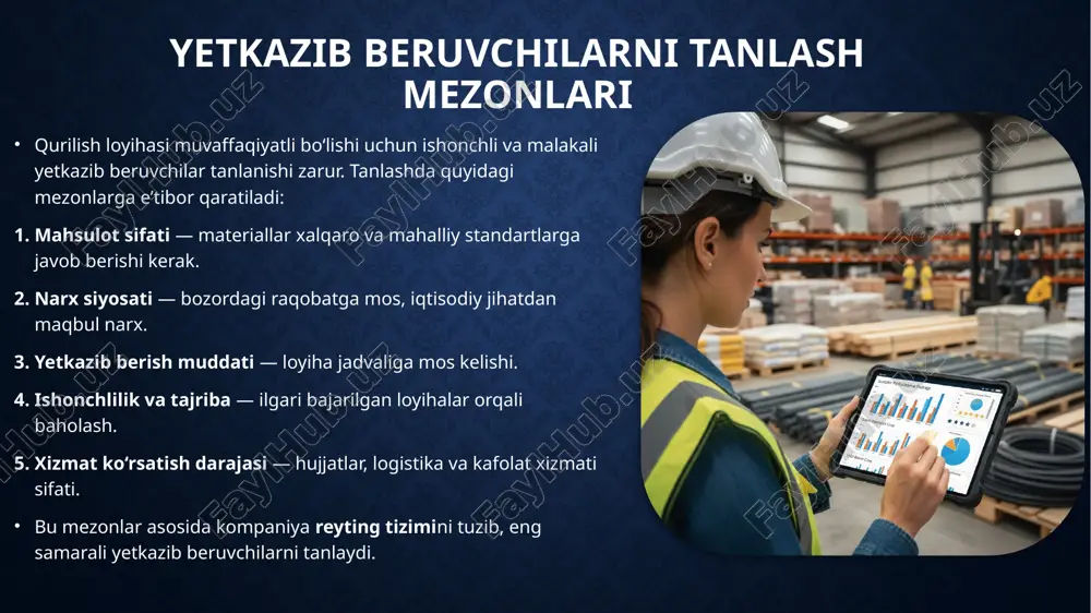 di ish jarayonini tezlashtiradi sifatni oshiradi mijoz ishonchini mustahkamlaydi foydalanilgan adabiyotlar 1)turapov m., akramov n.a. — “qurilish materiallari texnologiyasi”, toshkent, 2020. 2)hoshimov a. — “qurilishda logistika va ta’minot tizimlari”, toshkent, 2022. 3)iso 9001:2015 — quality management systems 4)project management institute — construction supply chain guidelines, 2023. 5)www.constructionmanagement.net image2.png image3.png image4.png image5.png image6.png image7.png image8.png image9.png image10.png image11.png image12.png image13.png image14.png image15.png image16.png image17.png image18.png /docprops/thumbnail.jpeg
