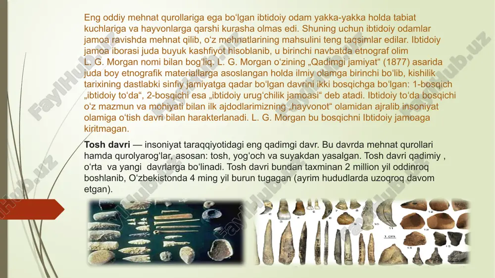 a imkon bergan. ovchilik va yig'ish: ibtidoiy odamlarning asosiy hayotiy faoliyati ovchilik va yig'ishdan iborat edi. o'zlarining turmush tarzini davom ettirish uchun ular o'simliklarni yig'ib, yovvoyi hayvonlarni ovlaganlar. 1. mehnatning rivoji: ibtidoiy jamiyatda mehnat oddiy va ko'pincha jinsiy yoki yoshga qarab taqsimlangan edi. mehnat faoliyati turli ehtiyojlarga javob berish uchun rivojlangan: ovchilik va yig'ish: ibtidoiy jamiyatlar dastlab o'z oziq-ovqatlarini yovvoyi hayvonlarni ovlash va o'simliklarni yig'ish orqali ta'minlashgan. ovchilik va yig'ish birinchi odamlar uchun asosiy mehnat faoliyati bo'lgan. bu faoliyatlar ko'pincha jamoaviy bo'lib, barcha jamiyat a'zolari, xususan, erkaklar va ayollar o'rtasida taqsimlangan. mehnatning jinsiy va yoshga qarab taqsimlanishi: ayollar odatda yig'ish, oziq-ovqatni tayyorlash va bolalarni parvarishlash bilan shug'ullangan. erkaklar esa ko'proq ov qilish va jismoniy mehnatni talab qiluvchi ishlar bilan band bo'lgan. biroq, bu taqsimot hammasida bir xil emasdi, ba'zida ayollar ham ovchilikda qatnashganlar. erkaklar va ayollar o'rtasidagi mehnat taqsimoti: ayollar va erkaklar o'rtasidagi mehnat taqsimoti ijtimoiy va biologik ehtiyojlarga qarab …