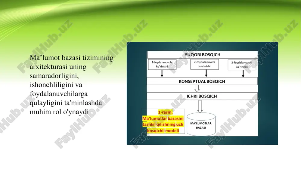 motlar bazasi izchil holatda qolishi kerak. isolation (izolyatsiya): bir tranzaksiya davomida boshqa tranzaksiyalar uning natijasiga ta'sir qilmasligi kerak. durability (mustahkamlik): tranzaksiya muvaffaqiyatli yakunlanganidan so‘ng, uning natijalari barqaror saqlanadi. sql’da tranzaksiyalarni boshqarish uchun quyidagi asosiy operatorlardan foydalaniladi: begin yoki start transaction: tranzaksiyani boshlash uchun ishlatiladi. tranzaksiya doirasida bajariladigan barcha operatsiyalar ushbu buyruqdan so‘ng qo‘llaniladi. begin; -- yoki start transaction; commit: tranzaksiyani yakunlash va o‘zgarishlarni ma'lumotlar bazasiga saqlash uchun ishlatiladi. tranzaksiya muvaffaqiyatli yakunlanganda commit orqali o‘zgartirishlar barqaror saqlanadi. commit; ma'lumotlar bazasida tranzaksiyalarni boshqarish orqali ma'lumotlarni izchil va xavfsiz saqlash, o'zgarishlarni qat'iy nazorat qilish mumkin. tranzaksiyalar acid xususiyatlariga tayanib, barcha amallarni yoki to'liq amalga oshirish yoki to'liq bekor qilish imkonini beradi, bu esa ma'lumotlarning yaxlitligi va izchilligini ta'minlaydi. tranzaksiya boshqarishda begin, commit, rollback, va savepoint kabi buyruqlardan foydalaniladi, bu esa jarayonni to'liq nazorat qilishga yordam beradi. yaxshi boshqaruv amaliyotlari bilan tranzaksiyalarni samarali va xavfsiz amalga oshirish mumkin. xulosa thank you image2.jpeg image11.jpeg image12.jpeg …