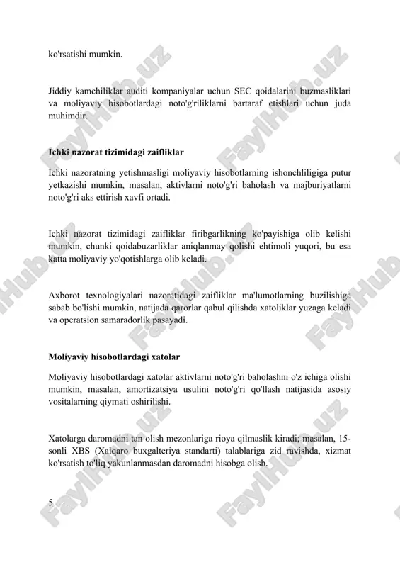 tolik darajasi aniq koʻrsatilishi muhim. xulosa rahbarlar tomonidan tasdiqlangan 3 ta muhim yoʻnalish boʻyicha aniq vazifalarni belgilab berishi zarur: tuzatish, takomillashtirish va erta ogohlantirish. xulosa tekshiruv natijalari va kamchiliklari aniqlangach, ularni o'z vaqtida bartaraf etish uchun tegishli choralar ko'rish va jarayonlarni takomillashtirish zarur. foydalanilgan adabiyotlar 1. auditing standards (masalan, xalqaro audit standartlari (isa) yoki davlat auditi standartlari (gagas)). 2. ichki audit bo'yicha professional amaliyotning xalqaro asoslari (ippf). 3. moliya vazirligining normativ-huquqiy hujjatlari (o'zbekiston respublikasi uchun). 4. korporativ boshqaruv kodeksi. 5 2