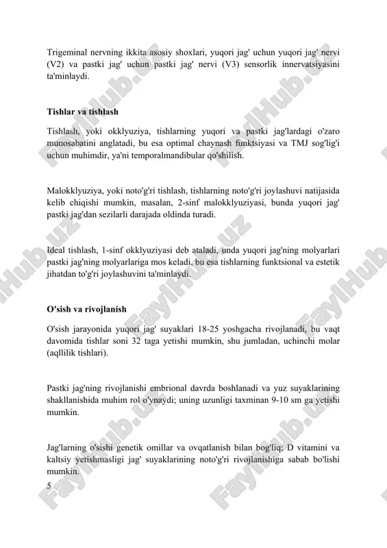 klarning to'g'ri bitishini ta'minlaydi, 6-8 hafta davomida parhez talab etiladi. xulosa xulosa qilib aytganda, yuqori va pastki jag’lar 32 ta tishni ushlab turish, ovqatni chaynash va nutqning aniq shakllanishida muhim rol o’ynaydi, ularning sog’lig’i umumiy salomatlik uchun zarur. yuqori jag’ suyaklari (maksilla) qattiq tanglayning asosini tashkil etadi va burun bo’shlig’ini hosil qilishda ishtirok etadi, pastki jag’ esa yuzning pastki qismini shakllantiruvchi yagona harakatlanuvchi suyakdir. jaglarning noto’g’ri joylashishi, masalan malokkluziya, 70% odamlarda uchraydi va chaynash samaradorligini pasaytirishi, bosh og’rig’iga sabab bo’lishi va tmj kabi muammolarni keltirib chiqarishi mumkin. xulosa yuqori va pastki jag'lar chaynash, gapirish va yuzning tuzilishida muhim rol o'ynaydi, ularning sog'lig'i umumiy farovonlik uchun muhim ahamiyatga ega. foydalanilgan adabiyotlar 1. yuqori jagʻ va pastki jagʻ: anatomiyasi, funksiyasi va klinik ahamiyati. gray's anatomy. 2. jagʻ suyagining rivojlanishi. developmental biology. 3. temporomandibulyar boʻgʻin (tmb): diagnostika va davolash. journal of oral and maxillofacial surgery. 4. jagʻ sinishi: tasnifi, davolash usullari va asoratlari …