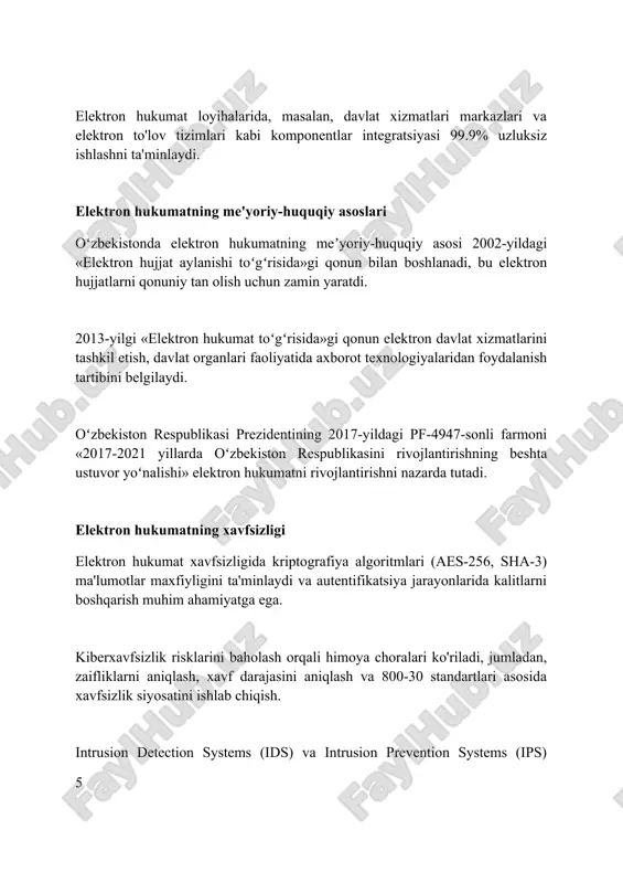 xizmatlaridan foydalanish imkoniyatini oshiradi va hududlar o'rtasidagi raqamli tafovutni kamaytiradi. xulosa va takliflar elektron hukumat tizimini 20% ga yaxshilash uchun davlat xizmatlari uchun yagona interfeys yaratish, masalan, id raqamlari orqali shaxsni tasdiqlashni integratsiya qilish kerak. fuqarolarning elektron hukumat xizmatlaridan foydalanish darajasini 30% ga oshirish maqsadida raqamli savodxonlik bo'yicha bepul treninglar tashkil etish lozim. elektron hukumat portalining xavfsizligini oshirish uchun ikki faktorli autentifikatsiya tizimini joriy etish va ma'lumotlarni shifrlash standartlarini takomillashtirish kerak. xulosa e-hukumat tizimi davlat xizmatlarini qulay, shaffof va samarali qiladi, fuqarolar bilan hukumat o'rtasidagi aloqani yaxshilaydi. foydalanilgan adabiyotlar 1. yoo, y. (2010). e-government, e-governance and e-democracy: conceptualising the links. information polity, 15(1-2), 1-12. 2. united nations. (2020). united nations e-government survey 2020: digital government in the decade of action for sustainable development. new york. 3. heeks, r. (2006) 2