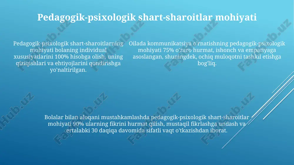 hga yordam beradi, bu esa ijtimoiy moslashuvni yaxshilaydi. muloqotda to'siqlarni bartaraf etish ochiqlik va ishonchni mustahkamlash, 3-tanqid o'rniga qo'llab-quvvatlashga e'tibor qaratish, 4-his-tuyg'ularni ifoda etish orqali muloqotdagi to'siqlarni yengish mumkin. empatiyani rivojlantirish orqali, 1-shaxsiy baholashdan voz kechib, 2-tinglash ko'nikmalarini oshirib, oilada muloqotdagi to'siqlarni bartaraf etish mumkin. oilada 5-muammolarni birgalikda hal qilish, 6-kelishmovchiliklarni konstruktiv muhokama qilish, 7-o'zaro hurmatni saqlash orqali muloqotdagi to'siqlar kamayadi. oilaviy muloqotni yaxshilash bo'yicha amaliy maslahatlar farzandingizning hissiy holatini tushunish uchun 5 ta asosiy hissiyotni (xursandchilik, qayg'u, g'azab, qo'rquv, hayrat) tan oling va ularga empatiya bildiring. bolalar bilan 15 daqiqa davomida individual vaqt o'tkazing, ularning qiziqishlarini o'rganing, suhbatlashish orqali ishonchni mustahkamlang va ijobiy munosabat yarating. kuniga kamida 3 marta oilaviy ovqatlanishni tashkil eting; bu vaqtda telefonlardan voz keching, diqqatni bolalarga qarating, kunlik tajribalarni baham ko'ring. xulosa xulosa shuni ko'rsatadiki, 1-bosqichda ota-onalar bolalar bilan samarali muloqot o'rnatish uchun 3 ta asosiy psixologik shartni - empatiya, qabul qilish va chinakamlikni anglashlari …