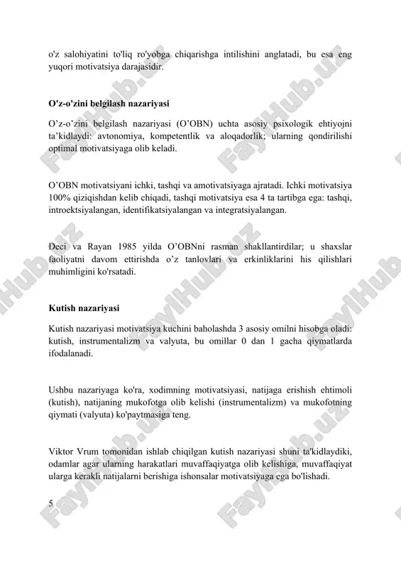 mkin. xulosa faoliyat va motivatsiya bir-biriga chambarchas bog'liq bo'lib, motivatsiya faoliyatni boshlash, davom ettirish va maqsadga yo'naltirish uchun muhim ahamiyatga ega. foydalanilgan adabiyotlar 1. deksi, e. l., rayan, r. m. (1985). ichki motivatsiya va o'zini o'zi belgilash nazariyasi. nyu-york: plenum. 2. vroom, v. h. (1964). ish va motivatsiya. nyu-york: jon uilyams sons. 3. bandura, a. (1977). ijtimoiy o'rganish nazariyasi 2