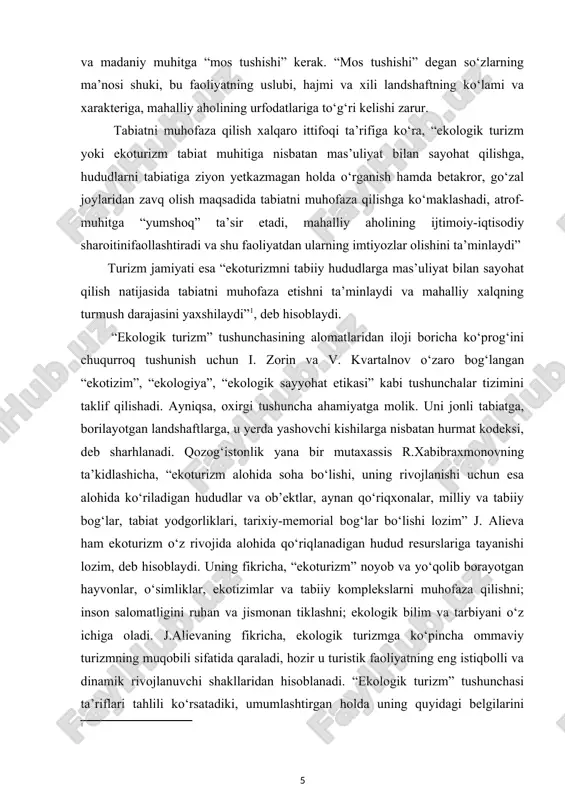 eref:1], deb hisoblaydi. [1: ] “ekologik turizm” tushunchasining alomatlaridan iloji boricha ko‘prog‘ini chuqurroq tushunish uchun i. zorin va v. kvartalnov o‘zaro bog‘langan “ekotizim”, “ekologiya”, “ekologik sayyohat etikasi” kabi tushunchalar tizimini taklif qilishadi. ayniqsa, oxirgi tushuncha ahamiyatga molik. uni jonli tabiatga, borilayotgan landshaftlarga, u yerda yashovchi kishilarga nisbatan hurmat kodeksi, deb sharhlanadi. qozog‘istonlik yana bir mutaxassis r.xabibraxmonovning ta’kidlashicha, “ekoturizm alohida soha bo‘lishi, uning rivojlanishi uchun esa alohida ko‘riladigan hududlar va ob’ektlar, aynan qo‘riqxonalar, milliy va tabiiy bog‘lar, tabiat yodgorliklari, tarixiy-memorial bog‘lar bo‘lishi lozim” j. alieva ham ekoturizm o‘z rivojida alohida qo‘riqlanadigan hudud resurslariga tayanishi lozim, deb hisoblaydi. uning fikricha, “ekoturizm” noyob va yo‘qolib borayotgan hayvonlar, o‘simliklar, ekotizimlar va tabiiy komplekslarni muhofaza qilishni; inson salomatligini ruhan va jismonan tiklashni; ekologik bilim va tarbiyani o‘z ichiga oladi. j.alievaning fikricha, ekologik turizmga ko‘pincha ommaviy turizmning muqobili sifatida qaraladi, hozir u turistik faoliyatning eng istiqbolli va dinamik rivojlanuvchi shakllaridan hisoblanadi. “ekologik turizm” tushunchasi ta’riflari tahlili …