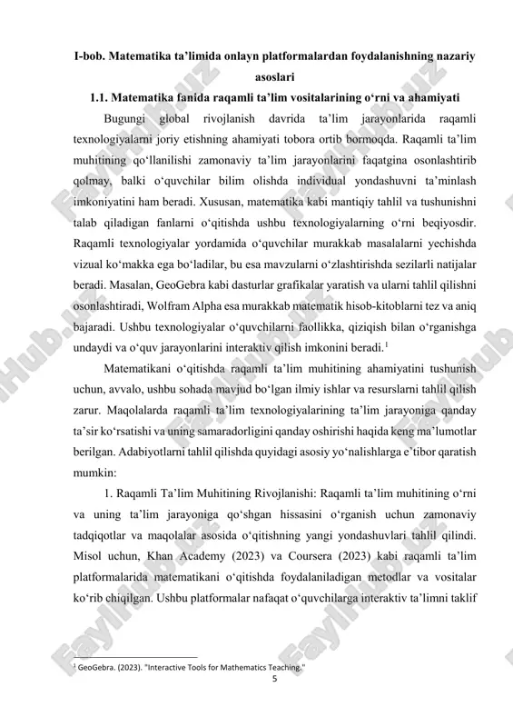 ligini oshiradi. gamifikatsiya yordamida o‘quvchilar matematikani o‘rganishda qiziqarli raqobatbardosh muhit yaratadilar. 4. interaktiv ta’lim platformalari: raqamli ta’lim vositalaridan foydalanishning yana bir afzalligi interaktiv darslar va mashg‘ulotlarni tashkil qilishdir. raqamli vositalar yordamida o‘quvchilarga matematikaning turli bo‘limlari (algebra, geometriya, analiz) bo‘yicha interaktiv darslar taqdim etiladi. wolfram alpha kabi dasturlar esa o‘quvchilarga murakkab masalalarni hal qilishda ko‘maklashadi va bu ularning o‘zlashtirish darajasini oshiradi. ushbu ishda matematik o‘qitishda raqamli ta’lim muhitining samaradorligini o‘rganish uchun bir nechta metodlar qo‘llanilgan. ushbu metodlar ta’lim jarayonini mukammallashtirish va raqamli texnologiyalarning ta’limga ta’sirini tahlil qilishga qaratilgan. 1. tahliliy usul: tadqiqotda mavjud bo‘lgan ilmiy maqolalar, kitoblar, hisobotlar va raqamli ta’lim platformalarining materiallari tahlil qilindi. bu usul orqali, matematik o‘qitishda raqamli texnologiyalarning o‘rni va ta’limga ta’siri o‘rganildi. masalan, khan academy (2023) va geogebra (2023) platformalaridagi 7 metodologiyalar, ularning o‘quvchilarga ta’lim berishdagi samaradorligi haqida chuqur tahlil o‘tkazildi. 2. eksperimental usul: raqamli ta’lim vositalarining samaradorligini sinovdan o‘tkazish uchun o‘quvchilar bilan eksperimentlar o‘tkazildi. o‘quvchilarga …