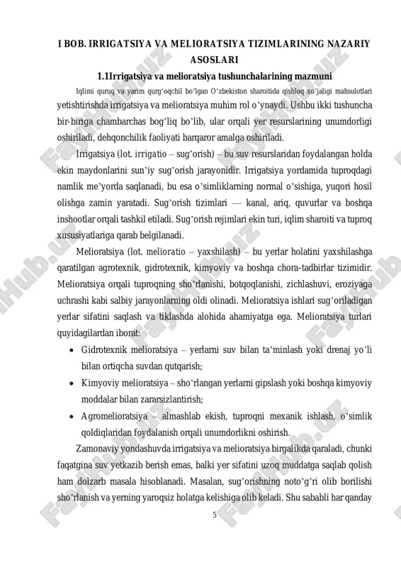 niderlandiya – suv usti va osti tizimlaridan foydalanib, sho’r yerlarni unumdor bog’larga aylantirgan; – xitoy – raqamli monitoring asosida yer va suvni nazorat qilish bo’yicha yirik tizimlar yaratgan. o’zbekiston ham so’nggi yillarda ushbu davlatlar bilan hamkorlikda irrigatsiya va melioratsiya tizimlarini modernizatsiya qilish bo’yicha qator loyihalarni amalga oshirmoqda. irrigatsiya va melioratsiya: tarixiy rivojlanish bosqichlari. qadimgi sug’orish tizimlari - o’zbekiston hududida irrigatsiya va melioratsiya ishlari miloddan avvalgi davrlardayoq boshlangan. amudaryo va sirdaryo havzalarida qadimiy kanal tizimlari mavjud bo’lib, ularning ba’zilari hozirgi kunga qadar ishlatilmoqda. masalan, anhor, darg’om, eskijo’va kabi qadimiy ariq va kanallar zamonaviy sug’orish tizimlariga asos bo’lib xizmat qilgan. sovet ittifoqi davrida, ayniqsa 1960–1980-yillarda o’zbekiston hududida keng ko’lamli irrigatsiya va melioratsiya ishlari olib borildi. sho’rlanishga qarshi drenaj tizimlari qurildi, amu–buxoro, amu–qashqadaryo kabi yirik kanallar barpo etildi. biroq, intensiv va nazoratsiz sug’orish sababli aral dengizi fojiasi yuzaga keldi. bu tarixiy tajriba bugungi kunda muvozanatli va ekologik barqaror irrigatsiya siyosati olib borish zarurligini …