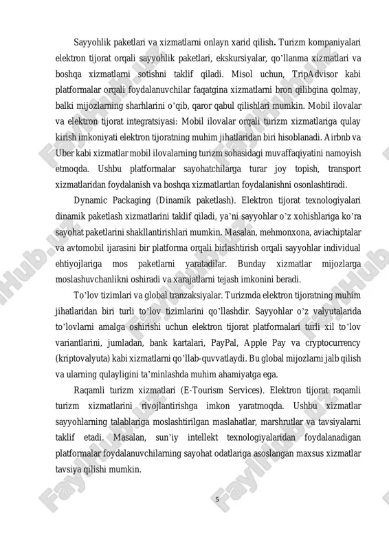 ni ishlab chiqadi. avtomatlashtirilgan xizmat ko’rsatish (chatbotlar va ai). elektron tijoratda chatbotlar va sun’iy intellekt (ai) texnologiyalaridan foydalanish xizmat ko’rsatish jarayonlarini avtomatlashtirishda muhim rol o’ynaydi. turizm platformalari mijozlarning so’rovlariga real vaqt rejimida javob beradigan va xizmatlarni tavsiya qiladigan avtomatlashtirilgan tizimlarni qo’llashmoqda. bu nafaqat mijozlarga qulaylik yaratadi, balki kompaniyalar uchun vaqt va resurslarni tejashga ham imkon beradi. kengaytirilgan reallik (ar) va virtual reallik (vr). turizm sohasida ar va vr texnologiyalari katta o’rin tutadi. ushbu texnologiyalar sayyohlarga sayohatga chiqishdan oldin manzillarni "virtual ravishda" ko’rish imkonini beradi. misol uchun, tarixiy joylarni virtual tarzda tomosha qilish yoki mehmonxona xonalarini oldindan ko’rish orqali mijozlar qaror qabul qilishda o’zlarini ishonchli his qilishadi. mahalliy xizmatlar bilan integratsiya. elektron tijorat platformalari orqali mahalliy xizmatlar, masalan, gidlik xizmatlari, mahalliy restoranlar, savdo markazlari va tadbirlar haqidagi ma’lumotlarga osongina kirish imkonini beradi. bu turizmning rivojlanishida nafaqat global, balki mahalliy iqtisodiyotga ham ijobiy ta’sir ko’rsatadi. 7 1.2 texnologik taraqqiyotning ta’siri so’nggi yillarda …