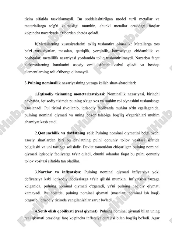 lishda muhimdir. asosiy qoidalari quyidagilardan iborat: 1.pulning miqdori va narxlar darajasi o'rtasidagi munosabat:pulning miqdoriylik nazariyasi, pul miqdori va narxlar darajasi o'rtasida to'g'ridan-to'g'ri bog'liqlik borligini ta'kidlaydi. pul miqdori ortsa, narxlar darajasi ham oshadi (inflyatsiya). 2.fisher tenglamasi (mv = pq):bu tenglama pulning miqdoriylik nazariyasining asosidir. m – pul miqdor v – pulning aylanish tezligi (ya'ni, pul bir vaqt davomida necha marta ishlatiladi) p – narxlar darajasi q – tovar va xizmatlar miqdori (ya'ni, real ishlab chiqarish) bu tenglama pul miqdori (m) va pulning aylanish tezligi (v) ning o'zgarishi narxlar darajasi (p) va ishlab chiqarilgan tovarlar miqdori (q) bilan qanday bog'liqligini ko'rsatadi. 5.pulning aylanish tezligi:pulning aylanish tezligi (v) tez-tez o'zgarmaydi yoki qisqa muddatda stabil bo'ladi, shuning uchun iqtisodchilar odatda pulning miqdorini va narxlar darajasini tahlil qilishda uning o'zgarmasligini faraz qiladilar. 5.zamonaviy monetarizm nazariyasi 20-asrning 70-yillarida rivojlangan iqtisodiy makroiqtisodiy nazariyadir. u asosan iqtisodiy o‘sish va inflatsiyani nazorat qilishda pulning o‘rni va roliga e'tibor qaratadi. …