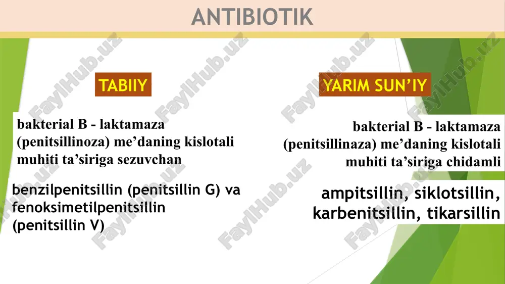 endokarditni davolash uchun ishlatiladi. ilgari streptomitsin o'latni (yersinia pestis) davolash uchun birinchi darajali davolash sifatida ishlatilgan. veterinariya tibbiyotida yirik hayvonlarda (otlar, qoramollar, qo'ylar va boshqalar) gramm-manfiy bakteriyalarga qarshi foydalanish uchun birinchi darajali antibiotik sifatida ishlatiladi. streptomitsin shuningdek, ba'zi meva, sabzavotlar, urug'lar va manzarali ekinlarning bakterial va zamburug' kasalliklarini nazorat qilish uchun pestitsid sifatida ishlatiladi. bundan tashqari, manzarali suv havzalari va akvariumlardagi suv o'tlarini nazorat qiladi. siprofloksatsin -siprofloksatsin ftorxinolonlar deb ataladigan dorilar guruhidagi keng spektrli antibiotik bo'lib, gramm-musbat va gramm-manfiy bakteriyalarga qarshi faoldir. siprofloksatsin alohida yoki boshqa antibakterial preparatlar bilan birgalikda infektsiyalarni davolashda qo'llaniladi. harakat tartibi: u dnk-giraza (topoizomeraza) fermentlarini ingibirlashi orqali ishlaydi, bu dnk replikatsiyasi paytida dnkni yechish jarayonida hosil bo'lgan super sarg'ishlarni olib tashlaydi. klinik foydalanish: siprofloksatsin bir qator infektsiyalarni, shu jumladan, davolash uchun ishlatiladi siydik chiqarish yo'llarining infektsiyalari, nafas olish yo'llari infektsiyalari, oshqozon-ichak trakti va qorin bo'shlig'i infektsiyalari, ayollarda o'tkir sistit, o'tkir sinusit, teri infektsiyalari, suyak va bo'g'imlarning …