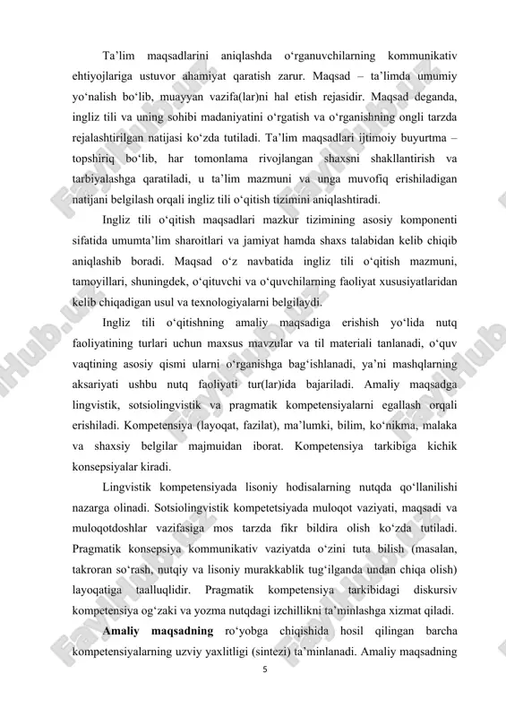 chiqariladi: [2: obsheevropeyskie kompetentsii vladeniya inostrannim yazikom: izuchenie, obuchenie, otsenka. – m.: mglpu. sarma, 2005. – 248 s. ] (1) bevosita chet tilda salomlashish, xayrlashish, predmet va hodisalarning nomlarini bilish, she’r va ashula aytish, o‘yinlar bajarish kabilar, ayniqsa, dastlabki darslarda o‘quvchilarga ancha qiziqarli yumush sanaladi; (2) muloqot chog‘ida bir-birlariga odob doirasida munosabat bildirish, xatti-harakatlarini sharhlay olish, audio matn va grafik matnlardan olinadigan axborotlar beqiyos tarbiyaviy ahamiyat kasb etadi. darsdan tashqari o‘quv tadbirlarining ham tarbiyaviy ahamiyati cheksiz. ingliz tili o‘qitishning rivojlantiruvchi maqsadi. didaktikadagi rivojlantiruvchi ta’lim ma’nosi bilan hamohang bo‘lib, o‘quvchi shaxsining aqliy, hissiy va motivatsion jihatlarini rivojlantirishni ifodalaydi. o‘quvchi intellektual va ma’naviy oziqa oladi, nutqiy muloqotda o‘z hissiyotini sinab ko‘radi, muloqotdosh (o‘quvchi, muallim, diktor va b.)lar fikrini bilish va o‘z fikrini bayon etish orqali uning shaxsi kamol topib boradi. ta’lim jarayonida, jumladan, ingliz tili o‘rganishda me’yordagi lisoniy va nutqiy qiyinchiliklarni yengib o‘tish o‘quvchi tafakkuri va his-tuyg‘ularining rivojlanishini ta’minlaydi. rivojlantiruvchi maqsadga nutqiy …