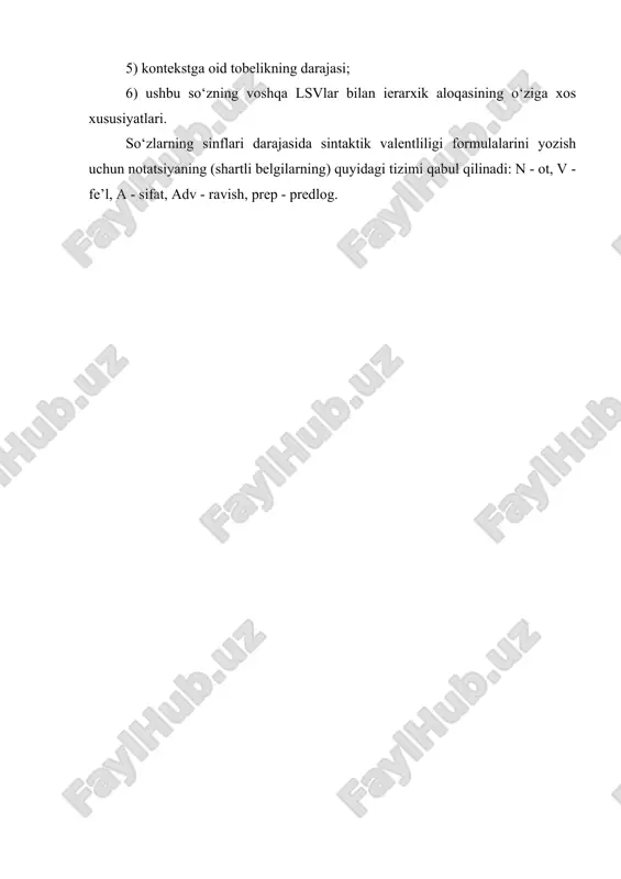 ining leksik-semantik variantlari quyidagi tarzda guruhlanadi: i lsv - 38%, ii lsv - 18,2%, iii lsv - 14%, iv lsv - 10,4%, v lsv - 7,2%, vi lsv - 5%, vii lsv - 2,7%, viii lsv - 2%, ix lsv - 1,4%, x lsv - 0,8%, xi lsv - 0,3% (batafsil jadvalga qarang). hozirda polisemantik so‘z tadqiqotining metodikasi bo‘yicha yuqorida qilingan mulohazalarni hisobga olib, fikrimizcha lsgning har bir bo‘laklari ma’nolarining tizimini quyidagi sxema bo‘yicha tahlilini o‘tkazish maqsadga muvofiqdir: 1) (lsv) sifatning ma’nosi; 2) ushbu lsvning matniy namunasi; 3) semantik (yoki leksik) valentlilikni aks ettiruvchi semantik razryadlar (yoki so‘zlarning ro‘yxatlari); 4) sintaktik valentlilikni aks ettiruvchi sintaktik konstruksiyalar; 5) kontekstga oid tobelikning darajasi; 6) ushbu so‘zning voshqa lsvlar bilan ierarxik aloqasining o‘ziga xos xususiyatlari. so‘zlarning sinflari darajasida sintaktik valentliligi formulalarini yozish uchun notatsiyaning (shartli belgilarning) quyidagi tizimi qabul qilinadi: n - ot, v - fe’l, a - sifat, adv - ravish, prep …