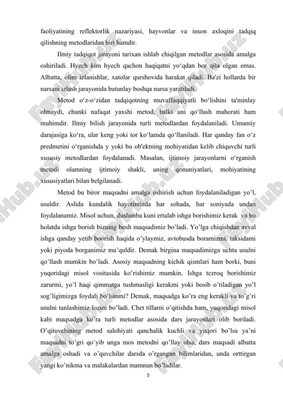 ki tashkilot tomonidan tanlangan harakat varianti. masalan, boshqarish usullari, manipulyatsiya usullari. tarix nuqtayi nazardan metod atamasiga ta’rif beradigan bo’lsak, metod ( yunoncha “metodos”- bilish yoki tadqiqot yo’li, nazariya, ta’limot)- voqelikni amaliy va nazariy egallash, o’zlashtirish, o’rganish, bilish uchun yo’l- yo’riqlar, usullar majmuasi, falsafiy bilimlarni yaratish va asoslash usuli. metodning kelib chiqish tarixi kishilarning amaliy faoliyatiga borib taqaladi. biror ishni bajarish metodini egallagan kishi shu ishni boshqalarga nisbatan oson, tez va soz bajara oladi. metodni egallamagan inson esa bu ishni bajarish uchun ko’p kuch va vaqt sarflaydi. metod o’z mazmuni jihatidan amaliy va nazariy shaklda bo’lishi mumkin. insonning amaliy faoliyatiga oid metodlar ham voqelikka xos bo’lgan qonuniyatlarni anglab yetish, bilib olishga borib taqaladi. fan metdlarining asosiy mazmunini amaliyotda sinalgan ilmiy nazariyalar tashkil etadi. har qanday ilmiy nazariya mohiyati jihatidan metod funksiyasiga egadir. metod o’z navbatida, yangi ilmiy nazariyalar va qonuniyatlarning ochilishiga vosita bo’ladi. shu nuqtayi nazardan metod bilan ilmiy nazariya funksiyasiga …