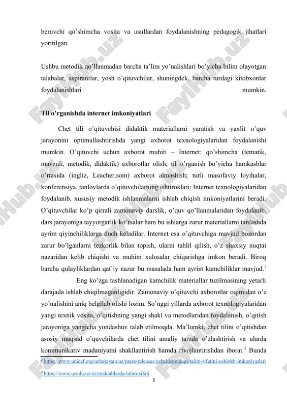 ffuz qilinadi, ular taqqoslanib kamchilik ko’rsatiladi). 3. yozuvni o’rgatish. bunda chet tilidagi so’zni to’g’ri yozishga o’rgatish vazifasi amalga oshiriladi. so’nggi vaqtlarda o’qitish metodikalariga «loyiha» termini kirib keldi. ushbu metodikadan hozirda keng foydalanilmoqda, chunki ulardan foydalanilganda o’quvchilarni o’quv jarayonida turli xil manbalar bilan mustaqil ishlashga jalb etadilar, bu bir muammoni hal etish paytida turli soha bilimlaridan foydalanishga imkon beradi, olgan bilimlarini amaliyotda qo’llash imkonini yaratadi [2: https://www.unicef.org/uzbekistan/uz/press-releases/ozbekistondagi-talim-sifatini-oshirish-imkoniyatlari ] [3: https://www.uzedu.uz/oz/maktablarda-talim-sifati ] [4: davlatov k., vorobyov a., karimov i. mehnat va kasb ta’limi nazariyasi hamda metodikasi. - toshkent., o‘qituvchi, 1992. - 320 b. ] applikatsiya materiallardan “audirovanie” (to’g’ri talaffuz mashqi) hamda gapirish ko’nikmalarini rivojlanlantirish uchun foydalanish mumkin. to’g’ri talaffuz mashqi ko’nikmalarini rivojlantirish uchun o’qituvchi flanelegrafda yoki magnit doskasida bir xil mantiqiy ketma-ketlikda kompozitsiyaning alohida detallarini namoyish etadi. kompozitsiyaning namoyish etiladigan detallari aytilgan gaplarni eshitishda ko’rish tayanchi hisoblanadi. bu eshitish axborotni qabul qilishni osonlashtiradi, asosiysini ajratib olishga yordam beradi. [footnoteref:5] o’qituvchi o’quvchilarga tuzilgan …