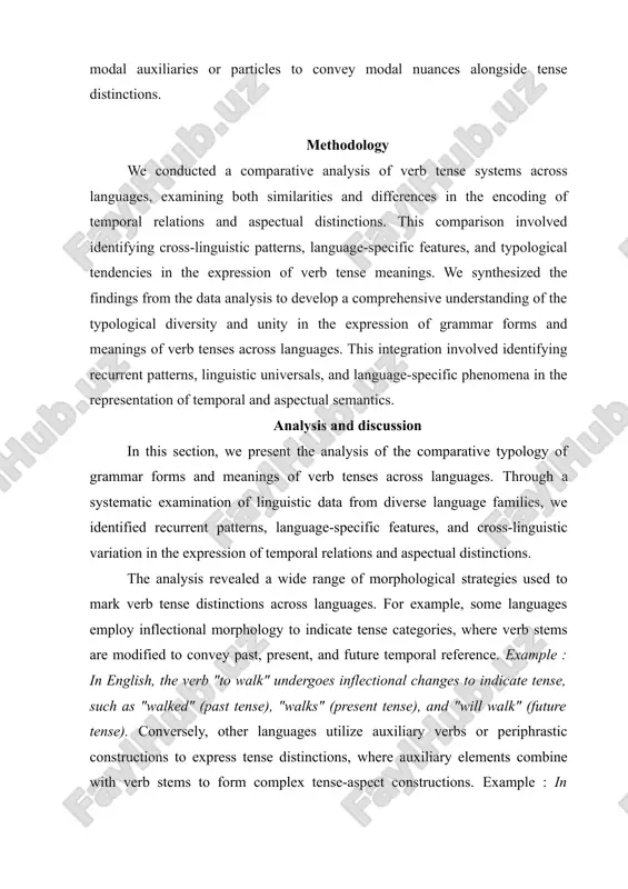 een verb tense meanings and other grammatical categories, such as aspect, mood, and modality, varied considerably across languages. while some languages exhibit a high degree of integration between tense and aspect markers, others maintain a more modular or layered system of verbal inflection. similarly, the expression of modal meanings within verb tense systems showed significant cross-linguistic variation, with some languages employing dedicated modal auxiliaries or particles to convey modal nuances alongside tense distinctions. methodology we conducted a comparative analysis of verb tense systems across languages, examining both similarities and differences in the encoding of temporal relations and aspectual distinctions. this comparison involved identifying cross-linguistic patterns, language-specific features, and typological tendencies in the expression of verb tense meanings. we synthesized the findings from the data analysis to develop a comprehensive understanding of the typological diversity and unity in the expression of grammar forms and meanings of verb tenses across languages. this …